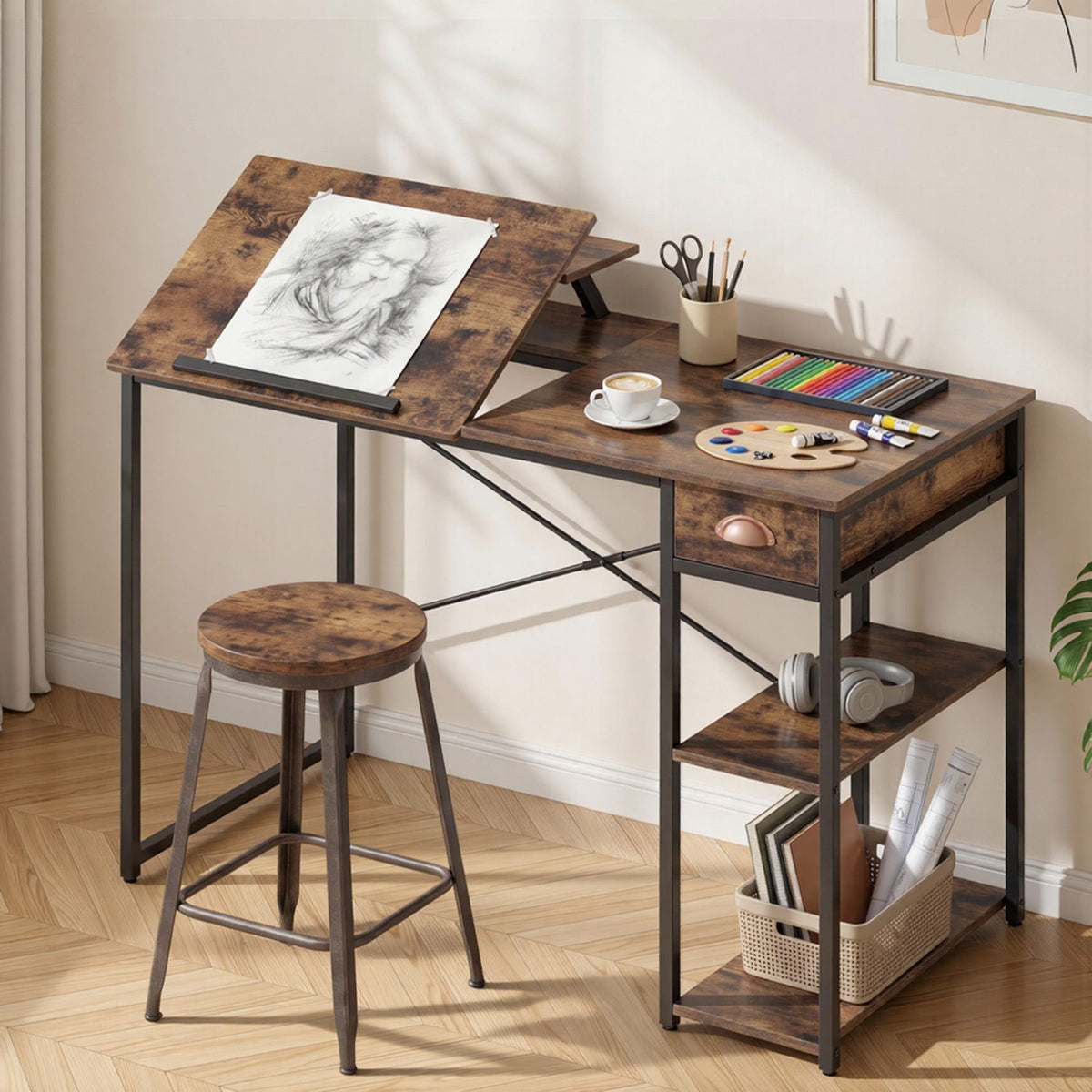 Computer Desk Drafting Table with Tiltable Top and Drawer 108cm - Rustic Brown - Furniture > Office > Desks - Rivercity House & Home Co. (ABN 18 642 972 209) - Affordable Modern Furniture Australia