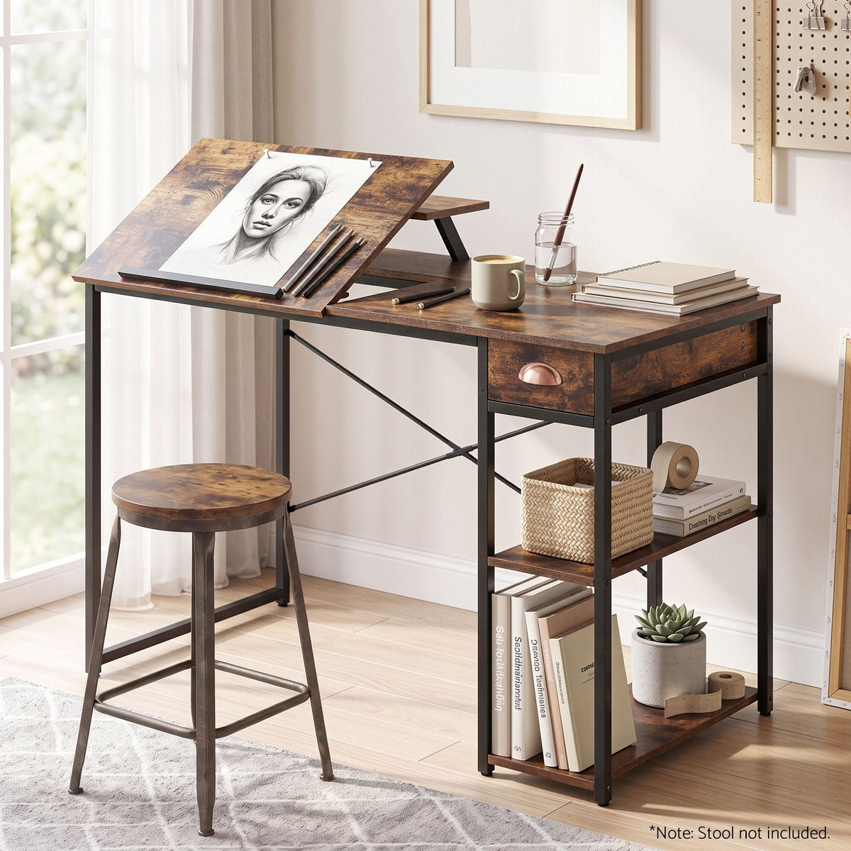Computer Desk Drafting Table with Tiltable Top and Drawer 108cm - Rustic Brown - Furniture > Office > Desks - Rivercity House & Home Co. (ABN 18 642 972 209) - Affordable Modern Furniture Australia