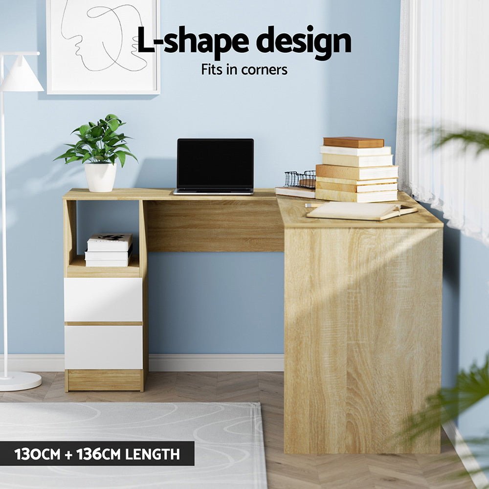 Computer Desk Drawer Cabinet L - Shape Oak 136CM - Furniture > Office > Desks - Rivercity House & Home Co. (ABN 18 642 972 209) - Affordable Modern Furniture Australia
