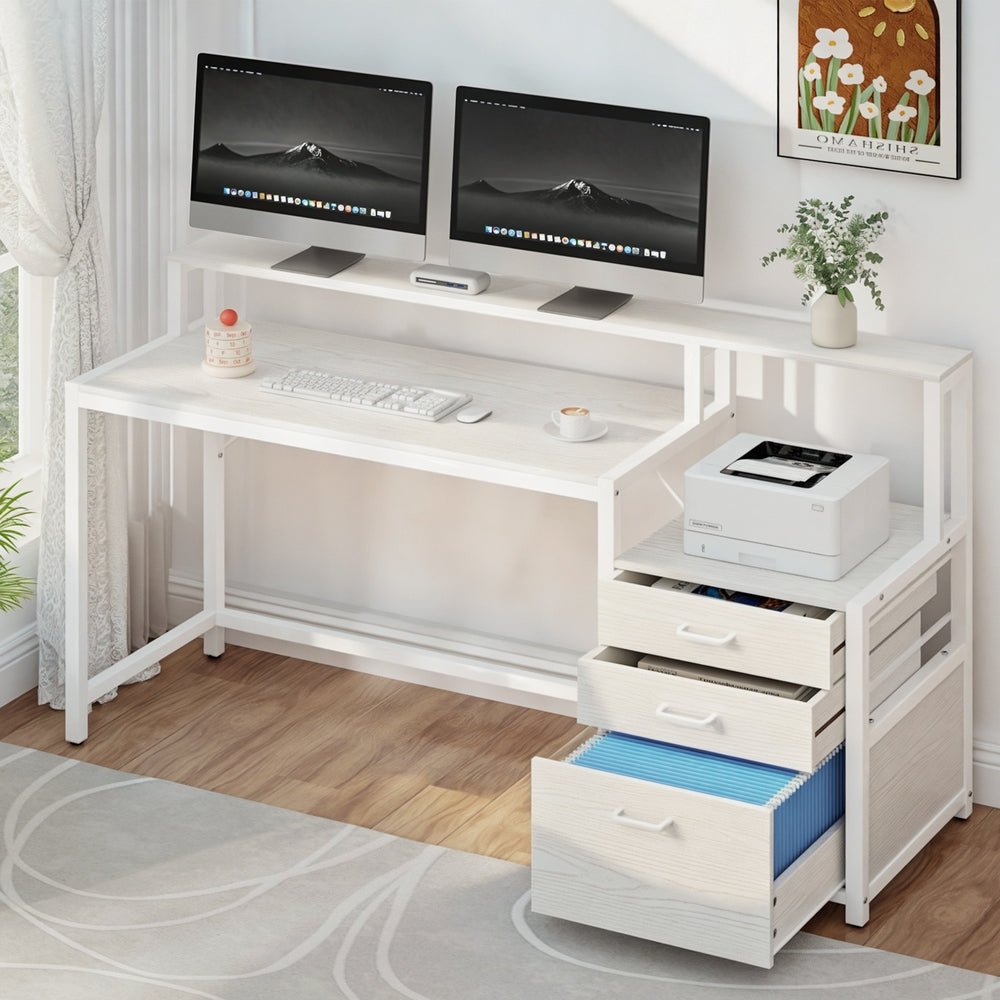 Computer Desk Home Office Study Table Desks w/Drawers Open Shelf White 160CM - Furniture > Office > Desks - Rivercity House & Home Co. (ABN 18 642 972 209) - Affordable Modern Furniture Australia