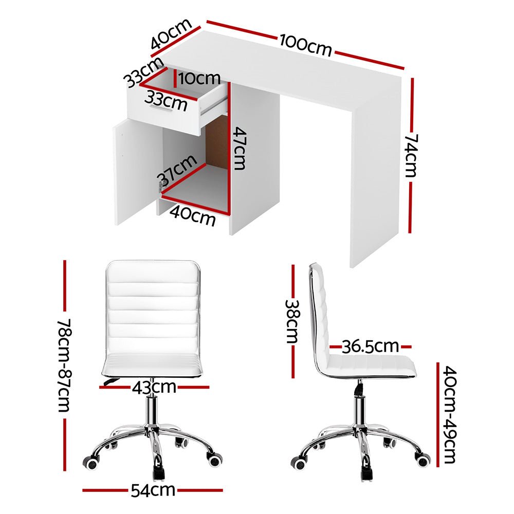 Computer Desk Office Chair Set PU Leather Home Study Table 100cm White - Furniture > Office > Desks - Rivercity House & Home Co. (ABN 18 642 972 209) - Affordable Modern Furniture Australia
