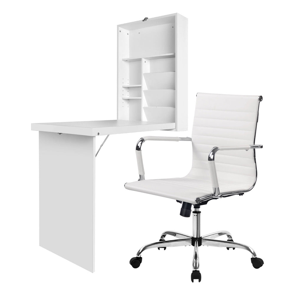 Computer Desk Office Chair Set PU Leather Wall Mount Foldable Table White - Furniture > Office > Desks - Rivercity House & Home Co. (ABN 18 642 972 209) - Affordable Modern Furniture Australia