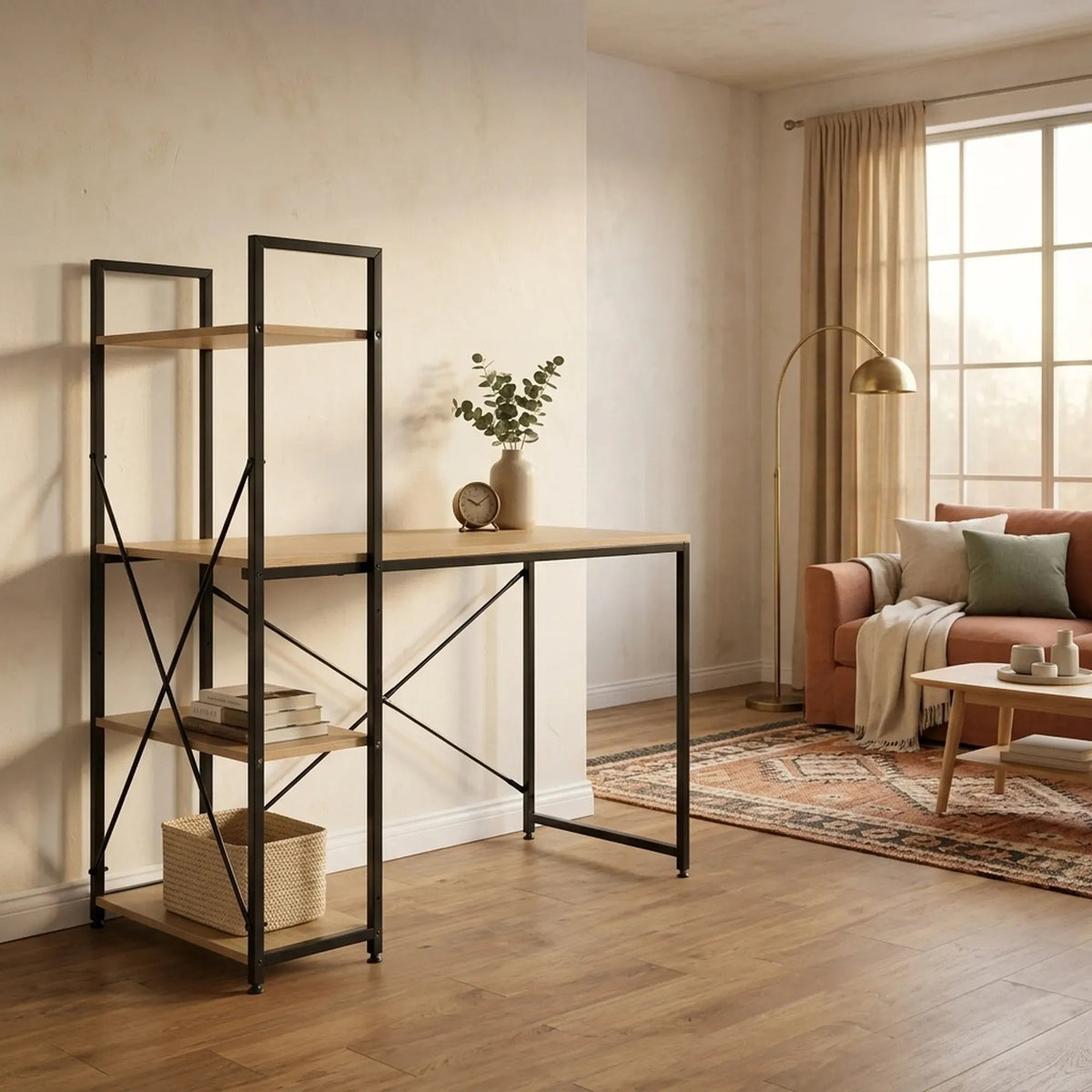 Computer Desk with 4 Shelf Bookcase Steel Rustic Office Desk - Brown - Furniture > Office > Desks - Rivercity House & Home Co. (ABN 18 642 972 209) - Affordable Modern Furniture Australia