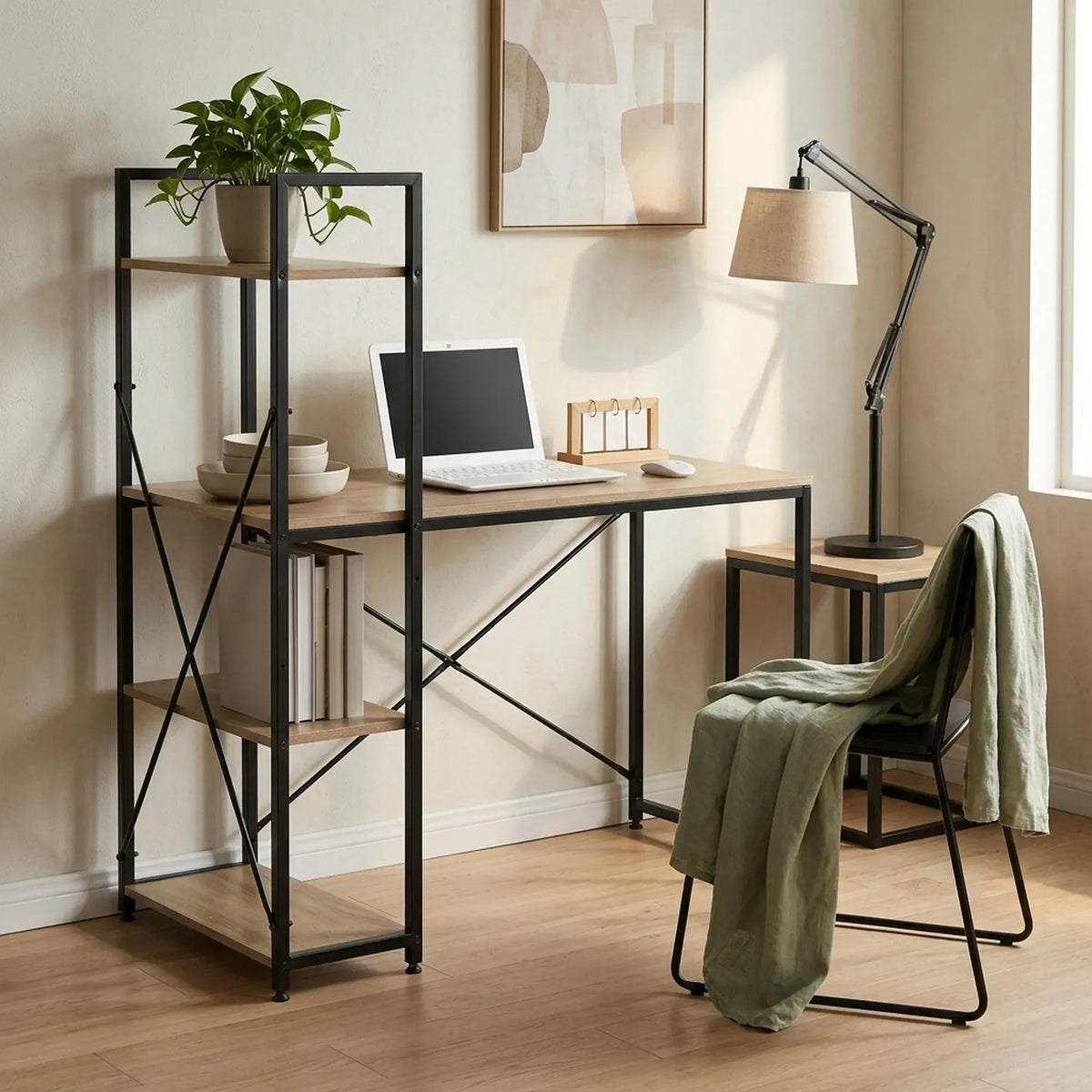 Computer Desk with 4 Shelf Bookcase Steel Rustic Office Desk - Brown - Furniture > Office > Desks - Rivercity House & Home Co. (ABN 18 642 972 209) - Affordable Modern Furniture Australia