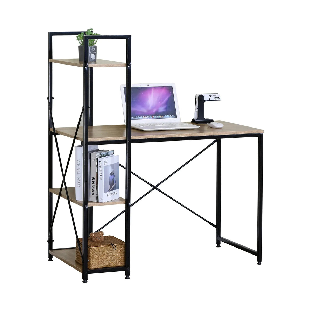 Computer Desk with 4 Shelf Bookcase Steel Rustic Office Desk - Brown - Furniture > Office > Desks - Rivercity House & Home Co. (ABN 18 642 972 209) - Affordable Modern Furniture Australia
