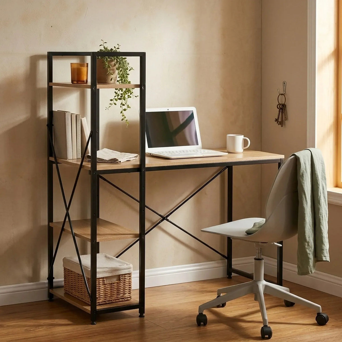 Computer Desk with 4 Shelf Bookcase Steel Rustic Office Desk - Brown - Furniture > Office > Desks - Rivercity House & Home Co. (ABN 18 642 972 209) - Affordable Modern Furniture Australia