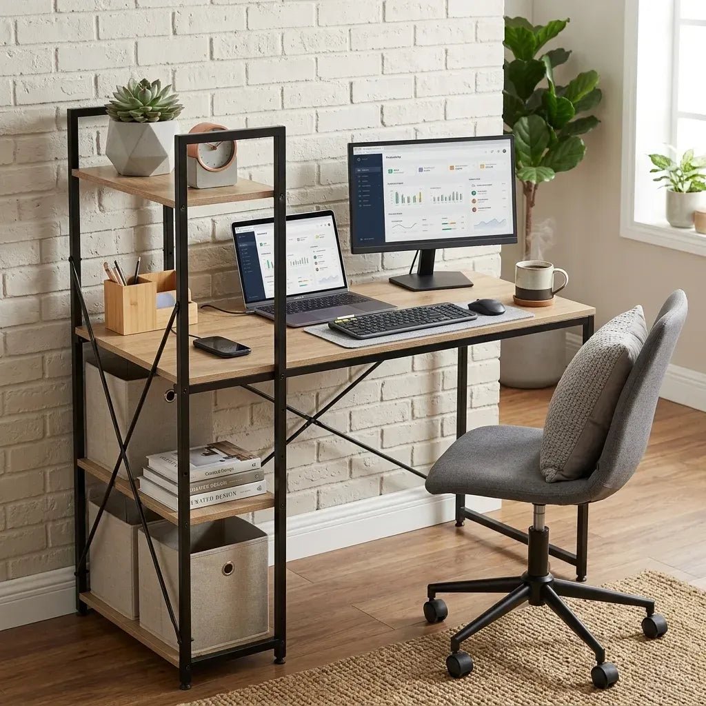 Computer Desk with 4 Shelf Bookcase Steel Rustic Office Desk - Brown - Furniture > Office > Desks - Rivercity House & Home Co. (ABN 18 642 972 209) - Affordable Modern Furniture Australia