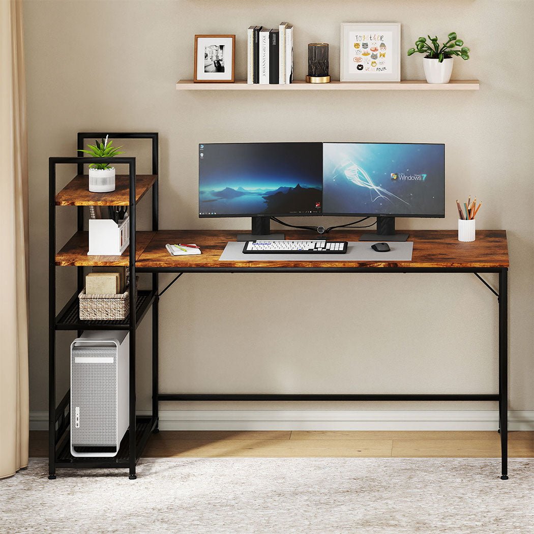 Computer Desk with 4 - Tier Storage Shelf 160cm Corner Table - Dark Brown - Rivercity House & Home Co. (ABN 18 642 972 209) - Affordable Modern Furniture Australia
