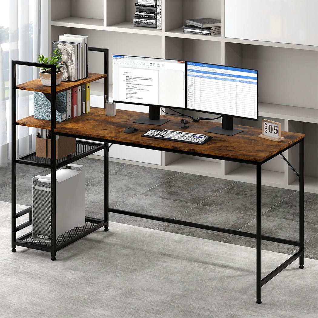 Computer Desk with 4 - Tier Storage Shelf 160cm Corner Table - Dark Brown - Rivercity House & Home Co. (ABN 18 642 972 209) - Affordable Modern Furniture Australia