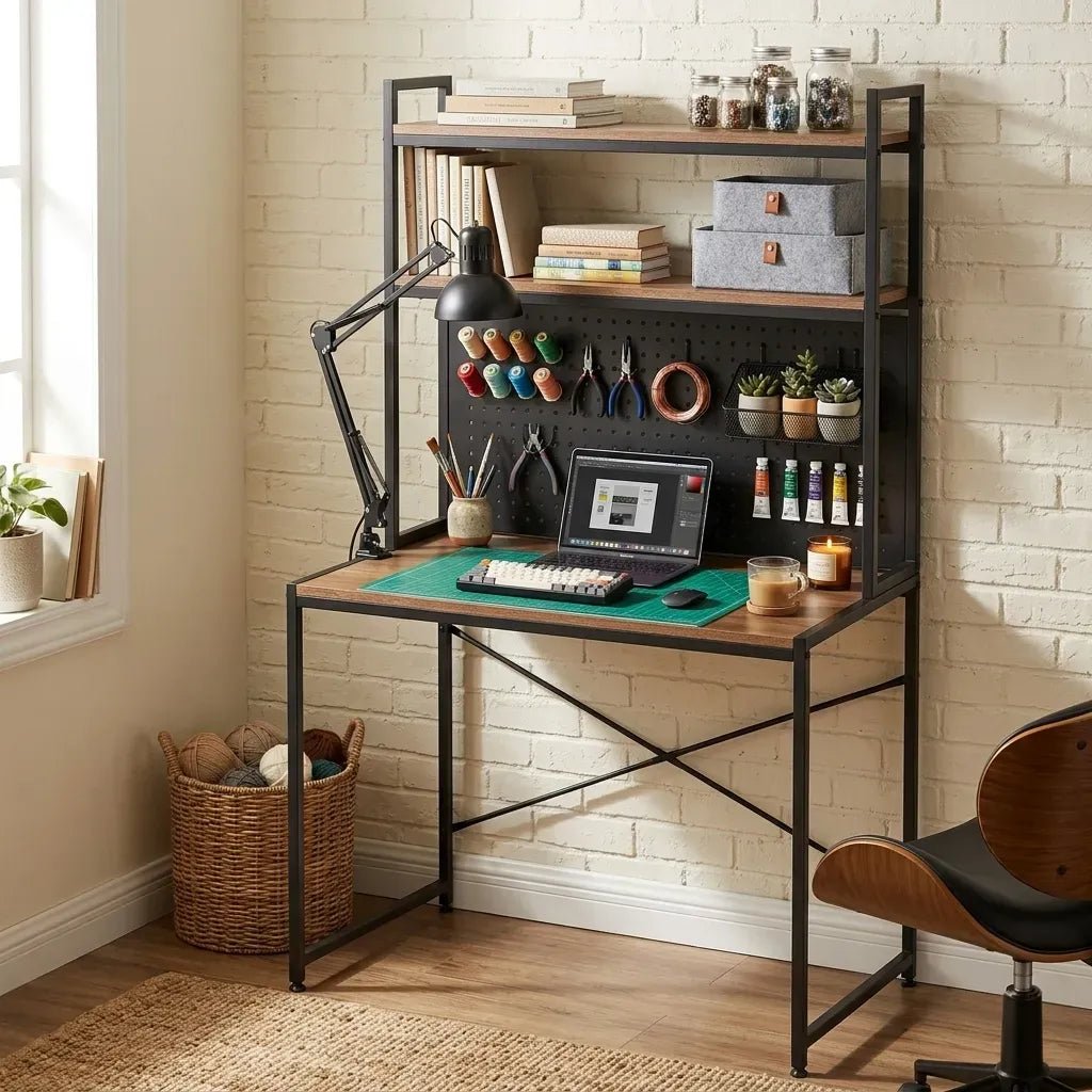 Computer Desk with Hutch Shelves and Pegboard Rustic Steel - Brown - Furniture > Office > Desks - Rivercity House & Home Co. (ABN 18 642 972 209) - Affordable Modern Furniture Australia