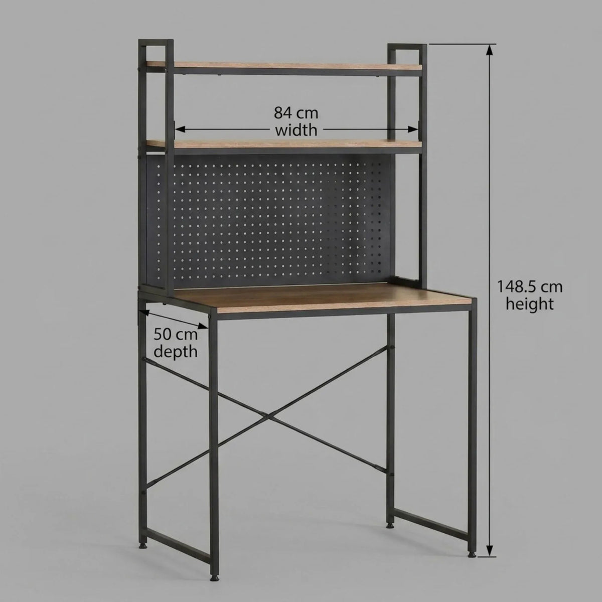 Computer Desk with Hutch Shelves and Pegboard Rustic Steel - Brown - Furniture > Office > Desks - Rivercity House & Home Co. (ABN 18 642 972 209) - Affordable Modern Furniture Australia