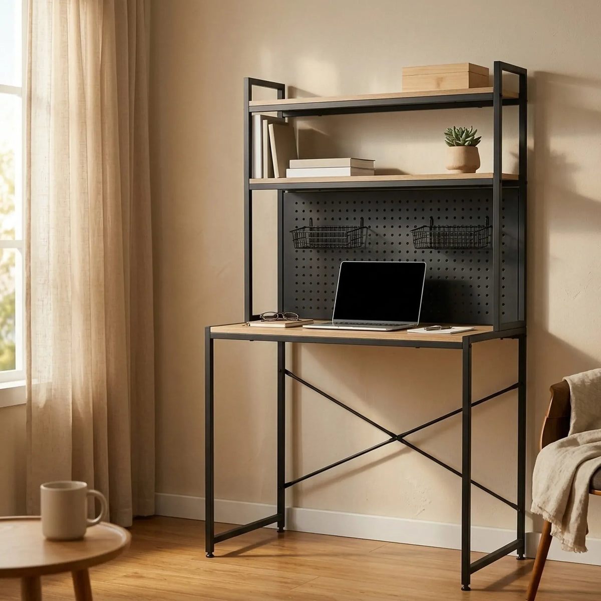 Computer Desk with Hutch Shelves and Pegboard Rustic Steel - Brown - Furniture > Office > Desks - Rivercity House & Home Co. (ABN 18 642 972 209) - Affordable Modern Furniture Australia