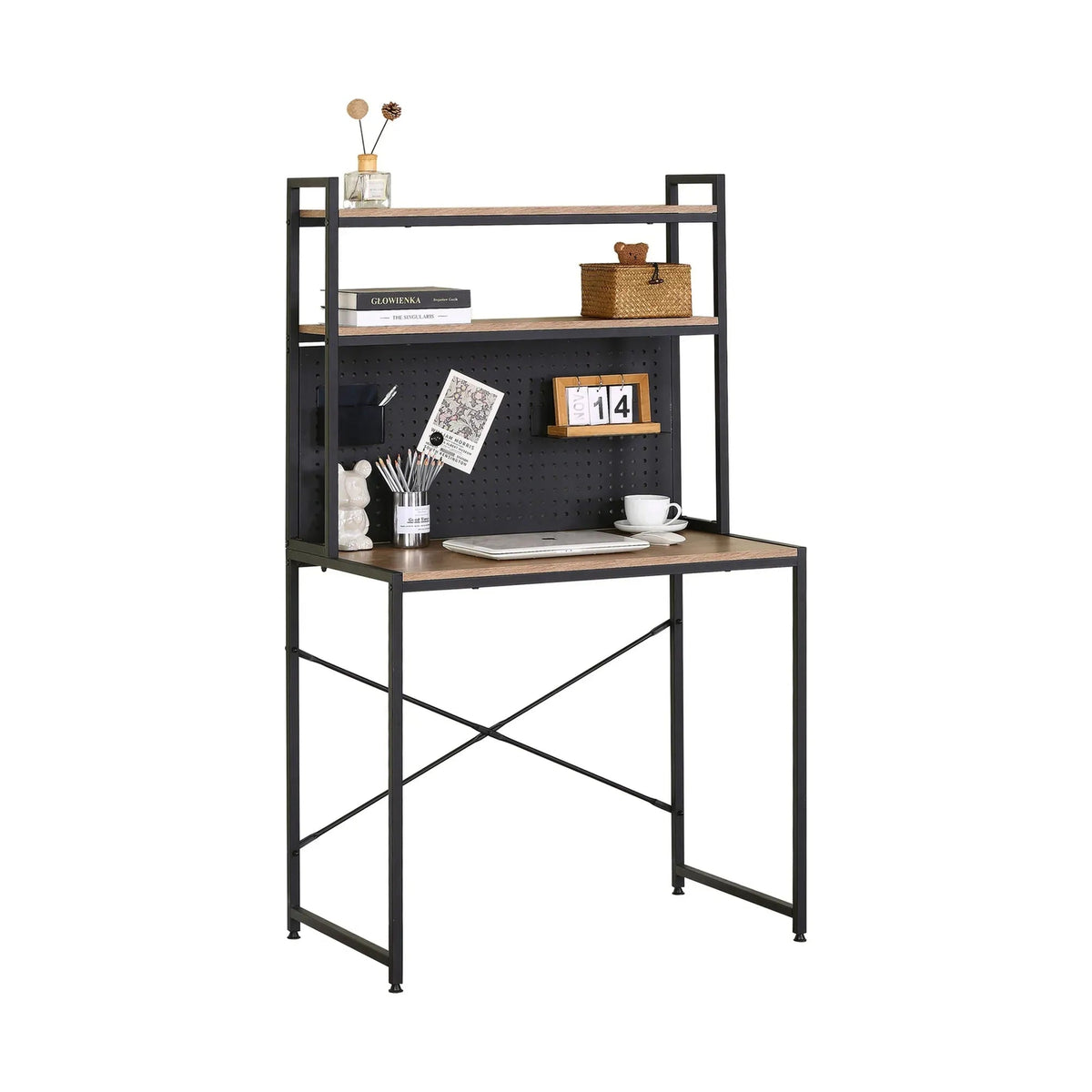 Computer Desk with Hutch Shelves and Pegboard Rustic Steel - Brown - Furniture > Office > Desks - Rivercity House & Home Co. (ABN 18 642 972 209) - Affordable Modern Furniture Australia