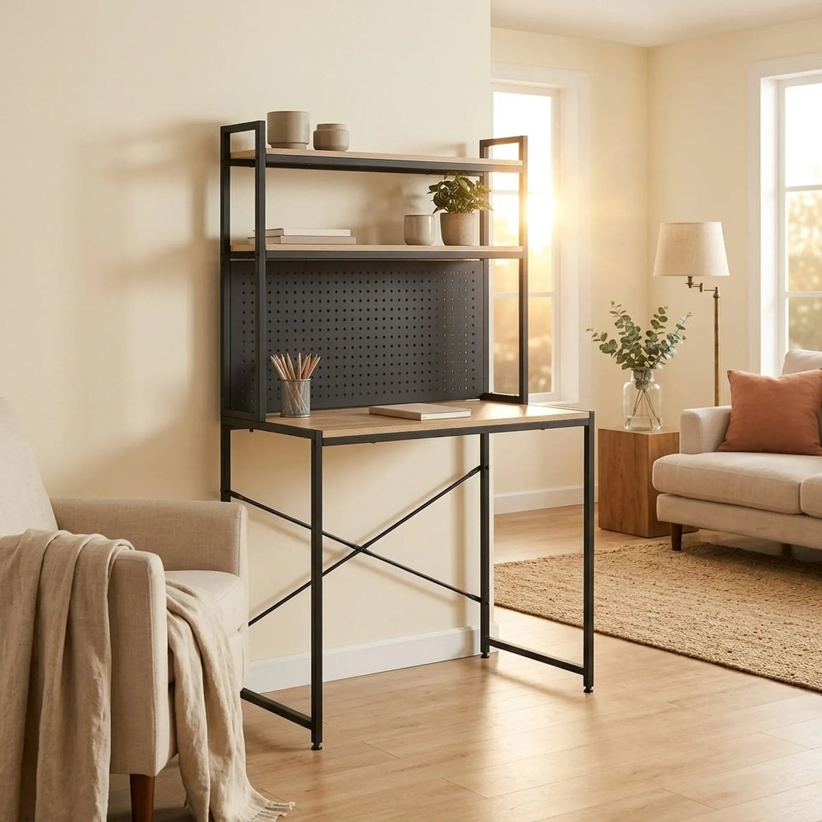 Computer Desk with Hutch Shelves and Pegboard Rustic Steel - Brown - Furniture > Office > Desks - Rivercity House & Home Co. (ABN 18 642 972 209) - Affordable Modern Furniture Australia