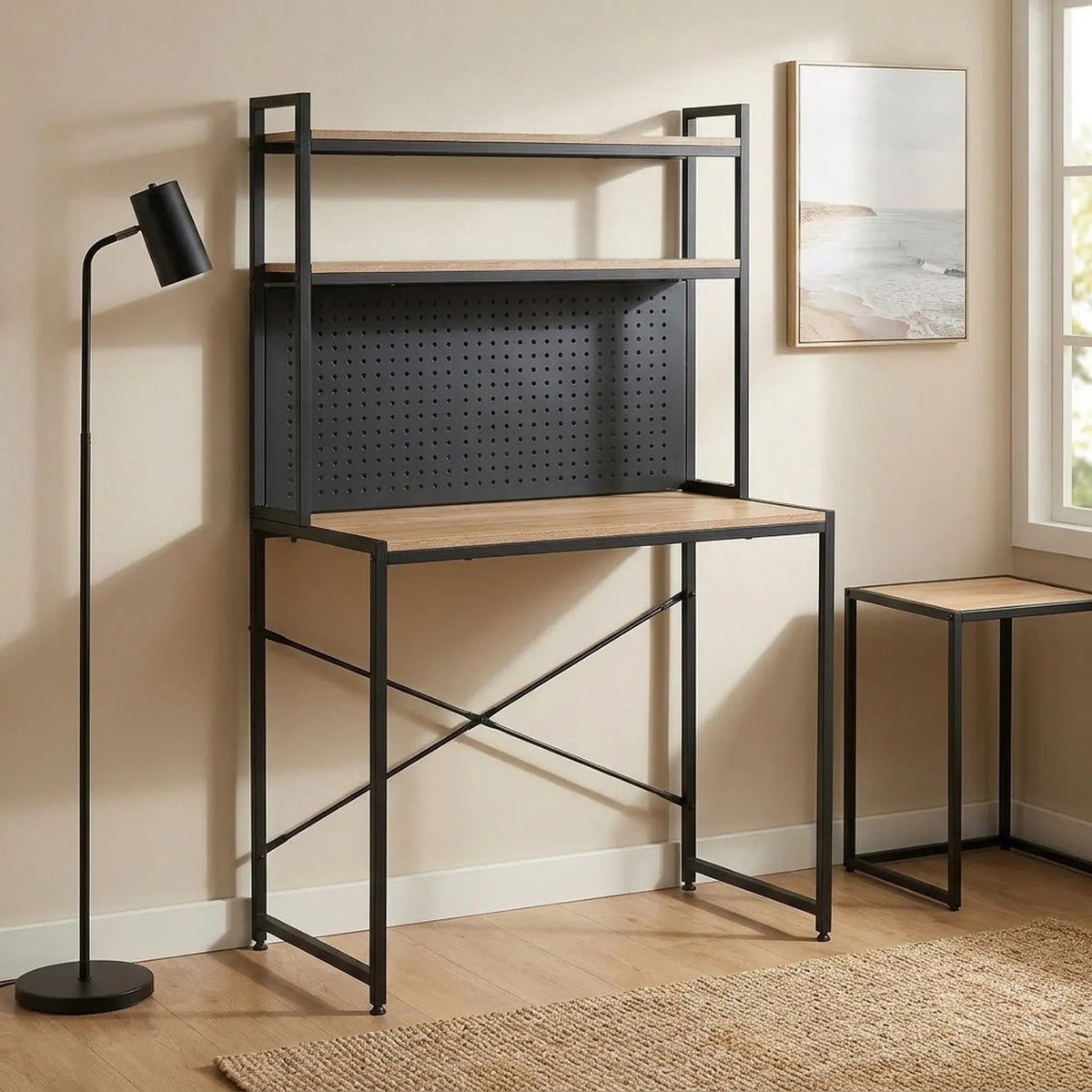 Computer Desk with Hutch Shelves and Pegboard Rustic Steel - Brown - Furniture > Office > Desks - Rivercity House & Home Co. (ABN 18 642 972 209) - Affordable Modern Furniture Australia