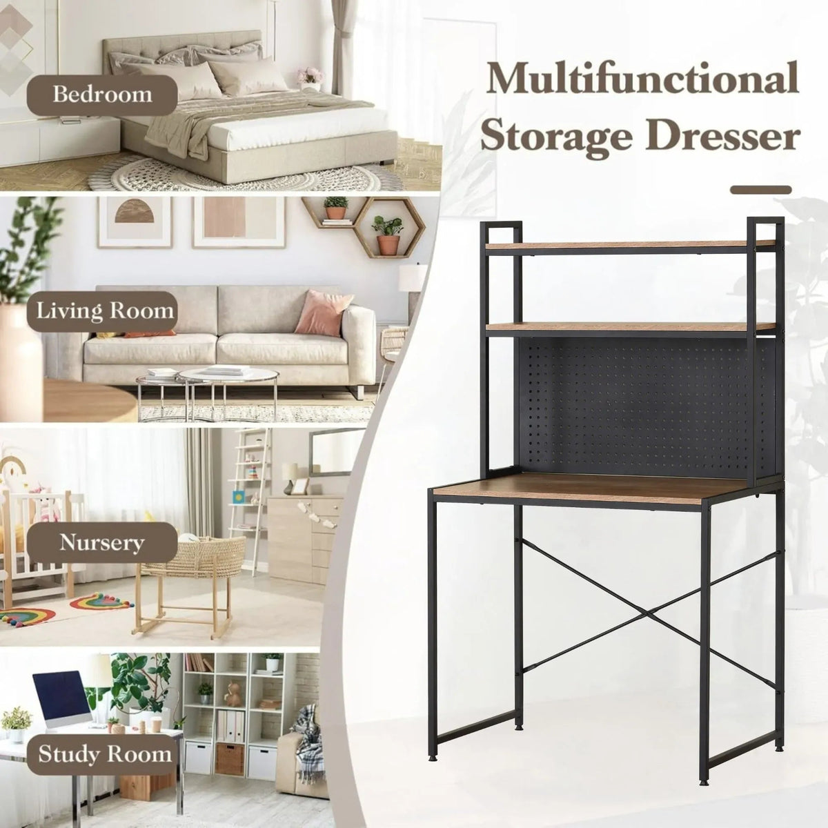 Computer Desk with Hutch Shelves and Pegboard Rustic Steel - Brown - Furniture > Office > Desks - Rivercity House & Home Co. (ABN 18 642 972 209) - Affordable Modern Furniture Australia