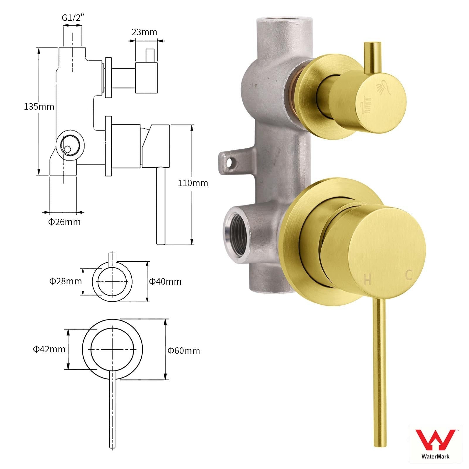 Concealed Round Brushed Gold Wall Shower Mixer 2 Way Diverter Valve For Bathroom - Furniture > Bathroom > Shower Heads & Screens - Rivercity House & Home Co. (ABN 18 642 972 209) - Affordable Modern Furniture Australia