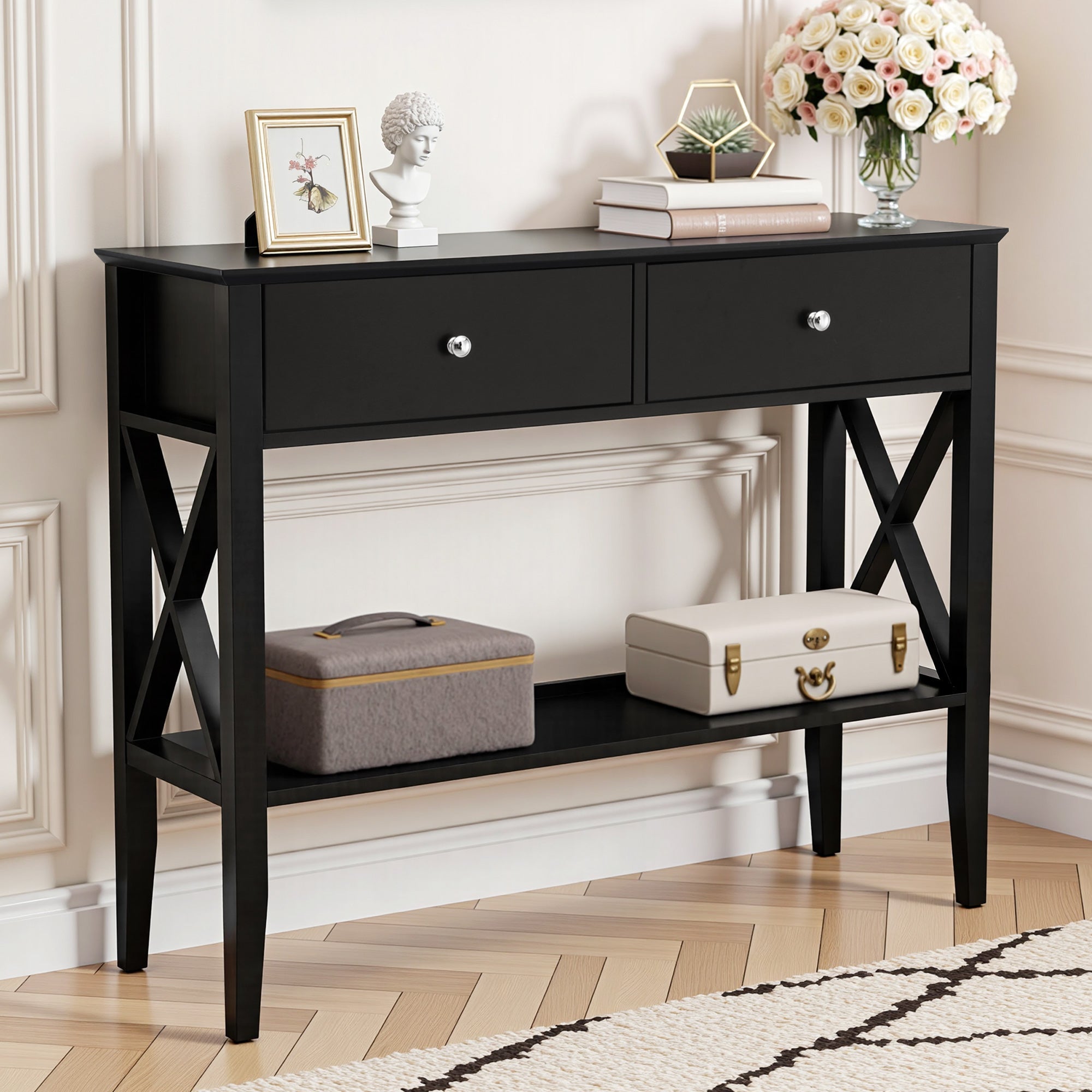 Console Table 2 Drawers 100CM Black - Furniture > Living Room > Side Tables - Rivercity House & Home Co. (ABN 18 642 972 209) - Affordable Modern Furniture Australia