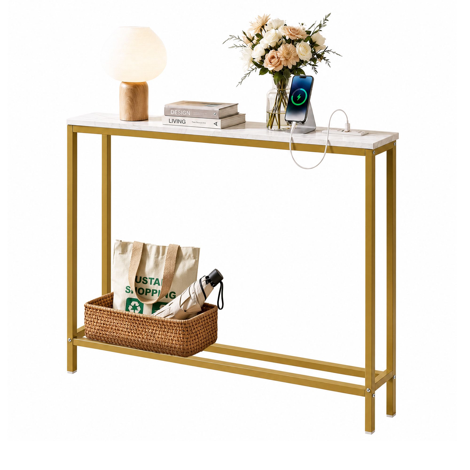 Console Table Entryway Hallway Display Desk Charging Station Marble Finish White & Gold - Furniture > Living Room > Side Tables - Rivercity House & Home Co. (ABN 18 642 972 209) - Affordable Modern Furniture Australia