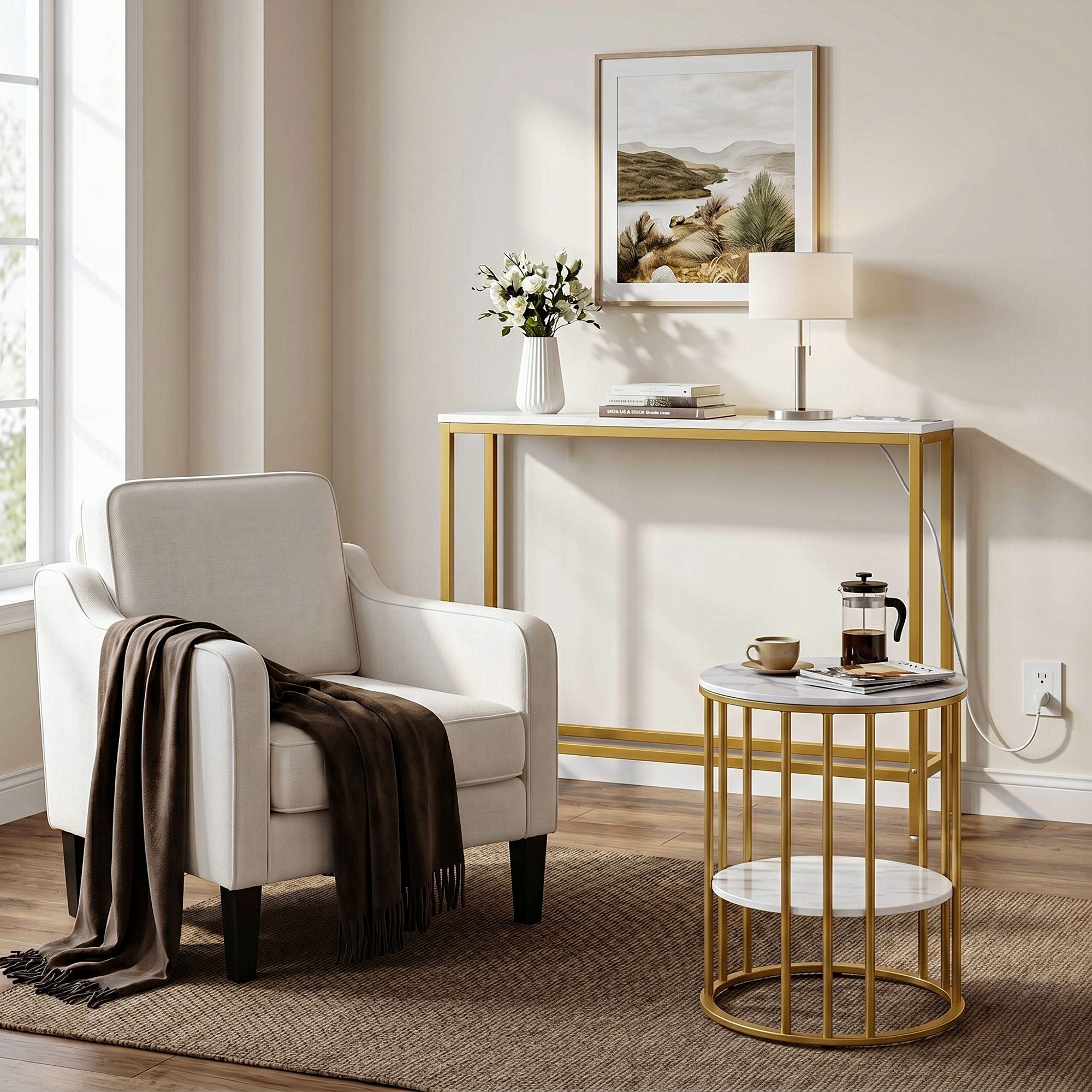 Console Table Entryway Hallway Display Desk Charging Station Marble Finish White & Gold - Furniture > Living Room > Side Tables - Rivercity House & Home Co. (ABN 18 642 972 209) - Affordable Modern Furniture Australia