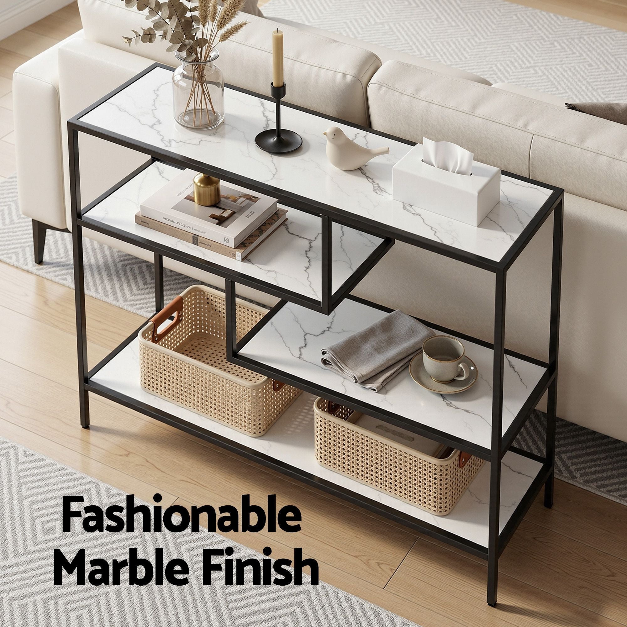 Console Table Entryway Hallway Marble Effect 4 - Tier Storage Shelves White - Furniture > Living Room > Side Tables - Rivercity House & Home Co. (ABN 18 642 972 209) - Affordable Modern Furniture Australia