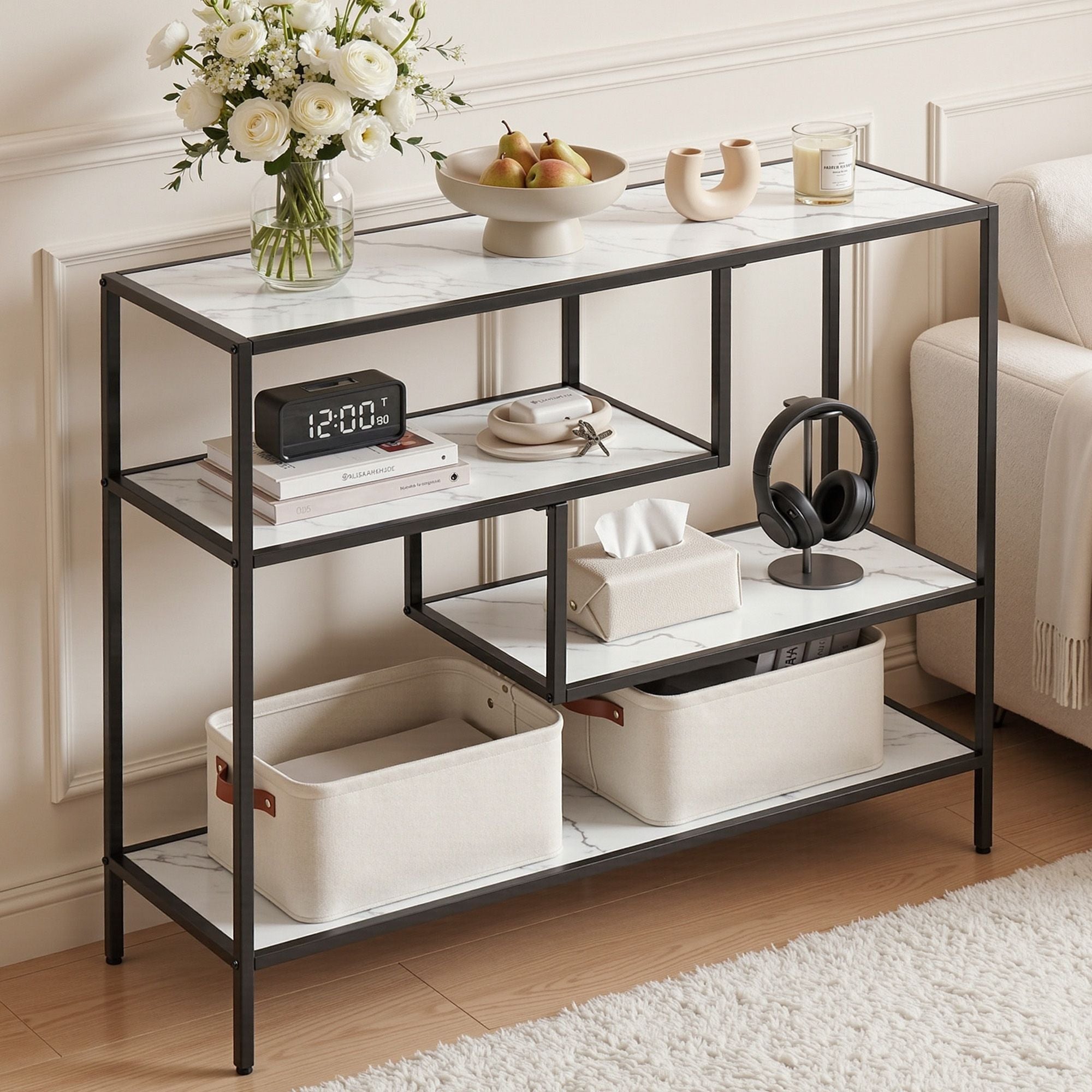 Console Table Entryway Hallway Marble Effect 4 - Tier Storage Shelves White - Furniture > Living Room > Side Tables - Rivercity House & Home Co. (ABN 18 642 972 209) - Affordable Modern Furniture Australia