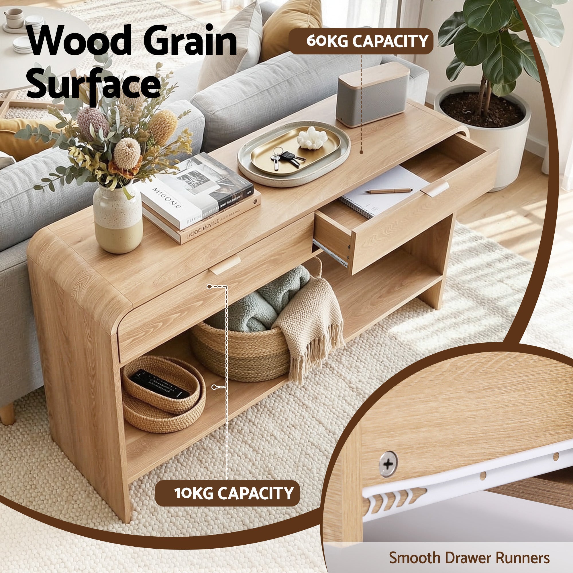 Console Table Hallway Entryway Storage Drawer Shelf Curved Edge 120CM Pine - Furniture > Living Room > Side Tables - Rivercity House & Home Co. (ABN 18 642 972 209) - Affordable Modern Furniture Australia