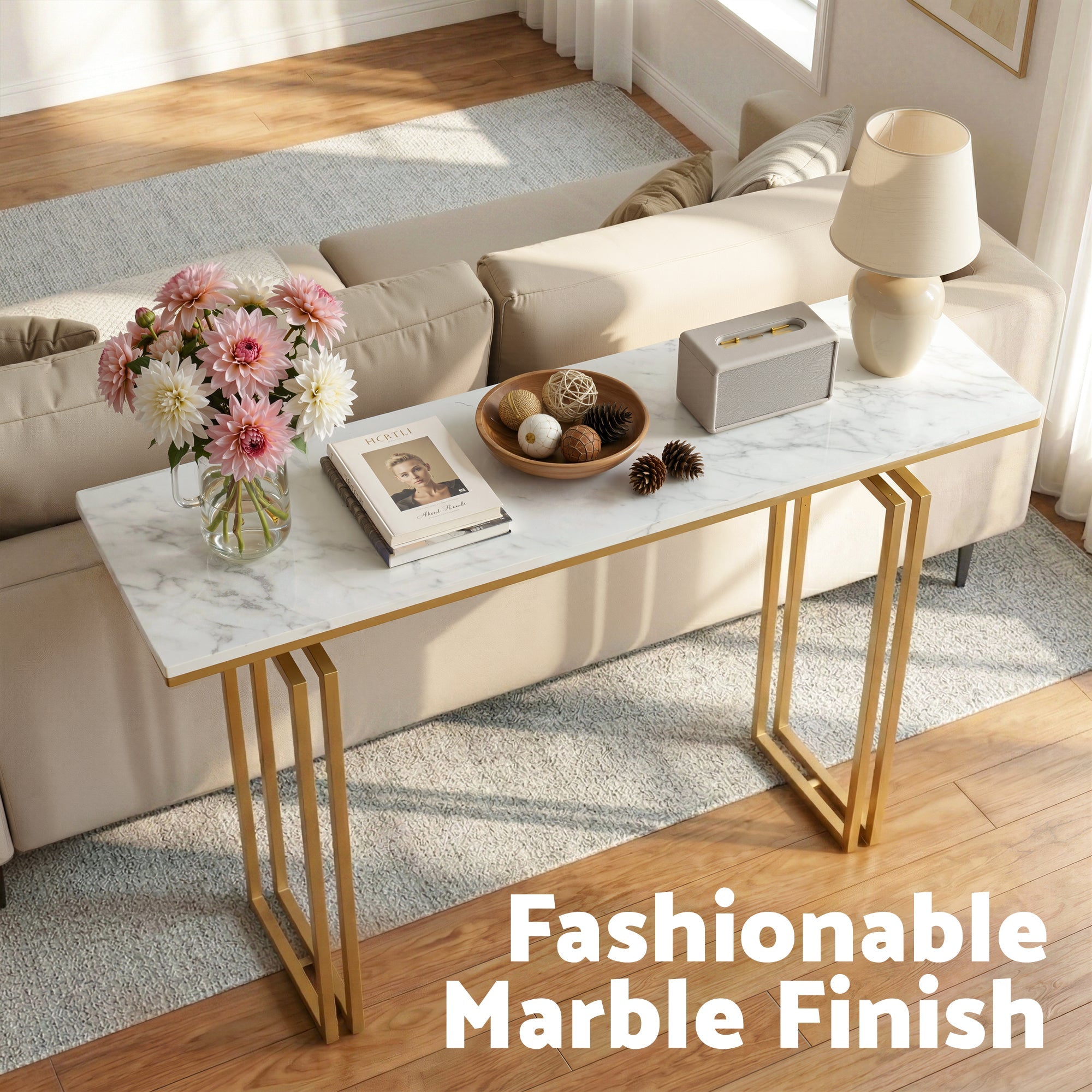 Console Table Hallway Entryway Table Marble Effect 110CM White & Gold - Furniture > Living Room > Side Tables - Rivercity House & Home Co. (ABN 18 642 972 209) - Affordable Modern Furniture Australia