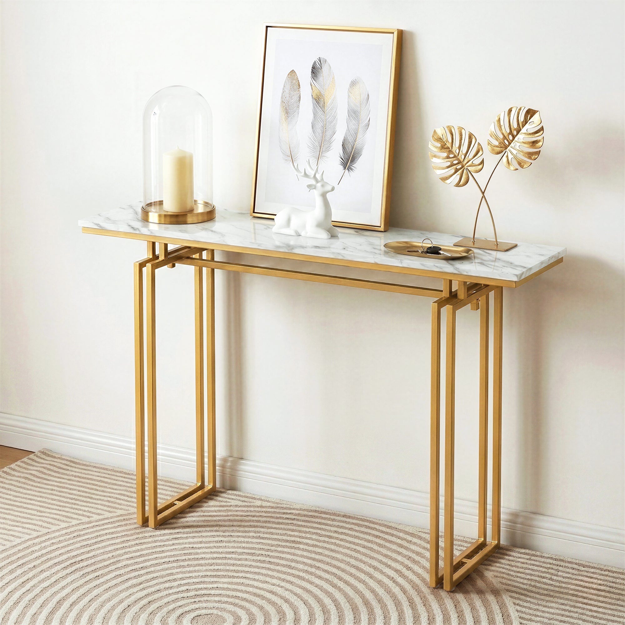 Console Table Hallway Entryway Table Marble Effect 110CM White & Gold - Furniture > Living Room > Side Tables - Rivercity House & Home Co. (ABN 18 642 972 209) - Affordable Modern Furniture Australia