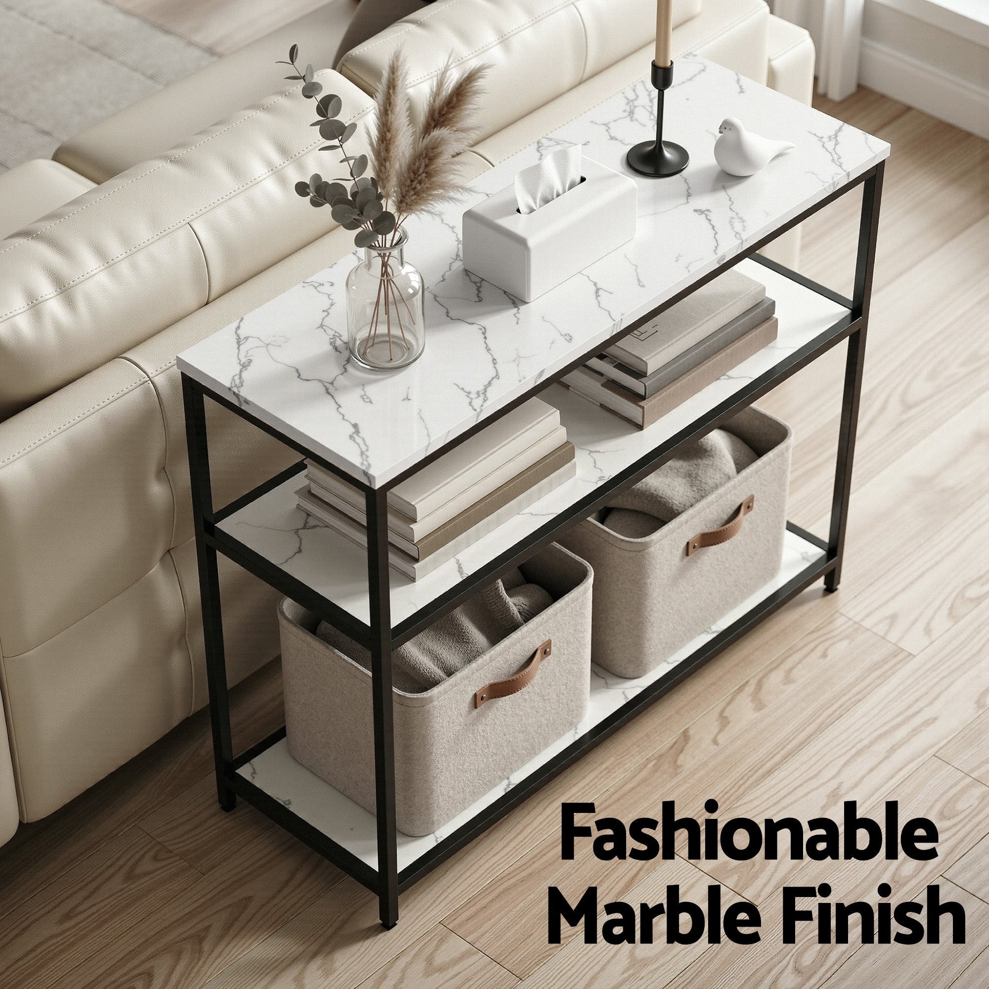 Console Table Marble Effect 3 - Tier Sofa Entryway Side Table 90CM White - Furniture > Living Room > Side Tables - Rivercity House & Home Co. (ABN 18 642 972 209) - Affordable Modern Furniture Australia