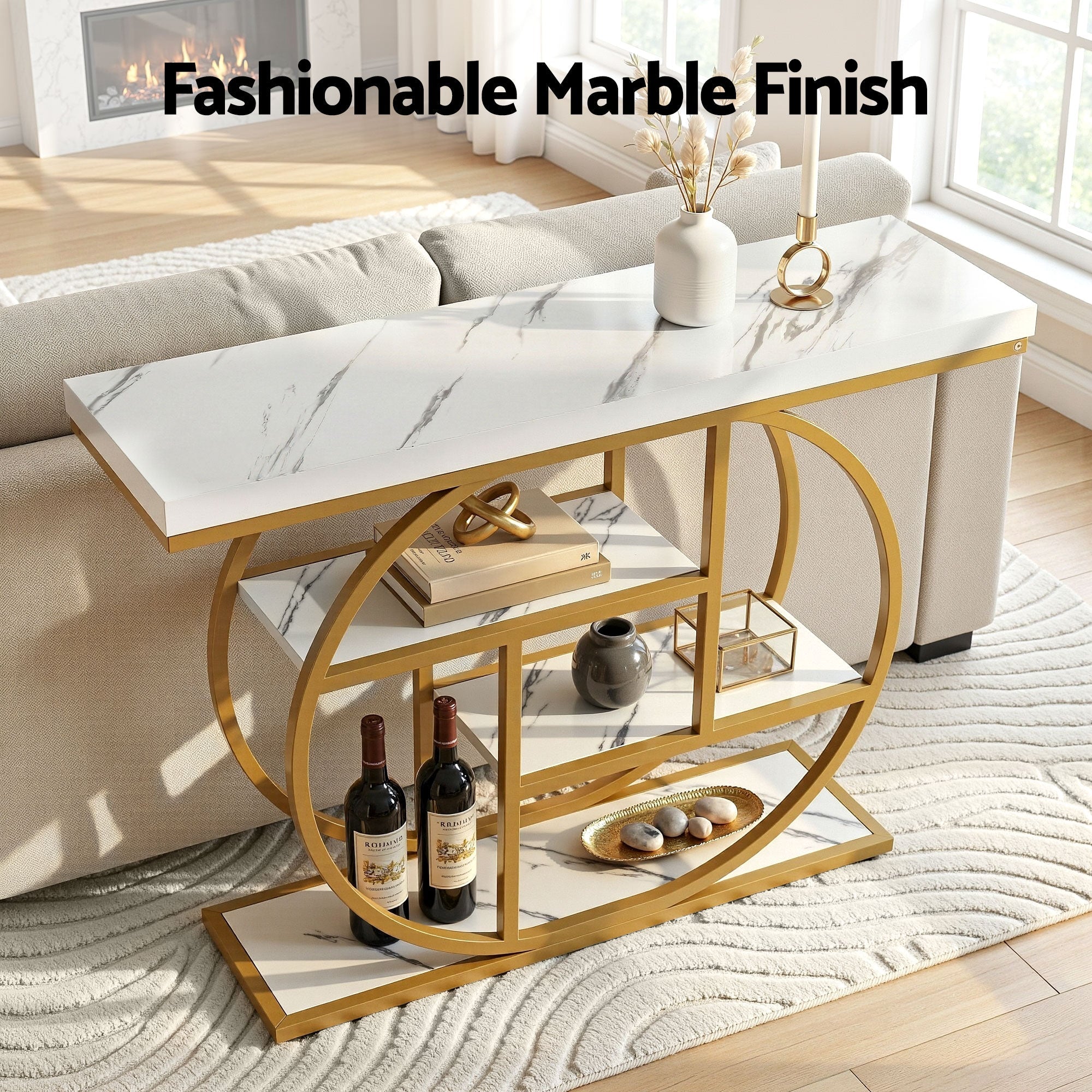 Console Table Marble Effect 4 - Tier Shelves 105CM White&Gold - Furniture > Living Room > Side Tables - Rivercity House & Home Co. (ABN 18 642 972 209) - Affordable Modern Furniture Australia