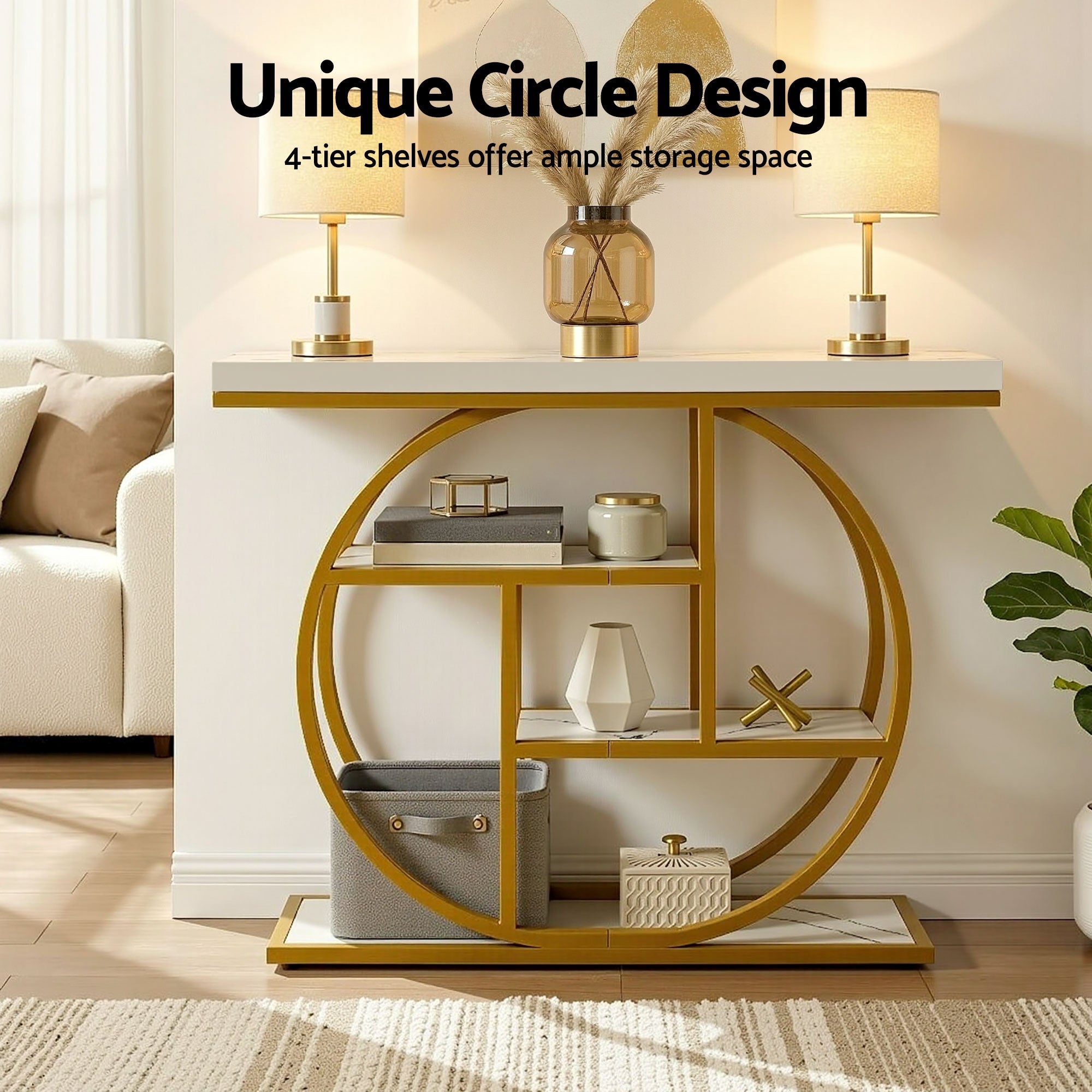 Console Table Marble Effect 4 - Tier Shelves 105CM White&Gold - Furniture > Living Room > Side Tables - Rivercity House & Home Co. (ABN 18 642 972 209) - Affordable Modern Furniture Australia