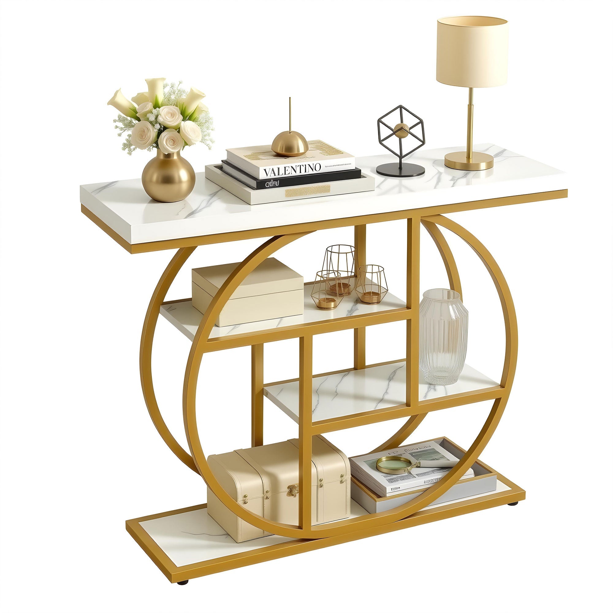 Console Table Marble Effect 4 - Tier Shelves 105CM White&Gold - Furniture > Living Room > Side Tables - Rivercity House & Home Co. (ABN 18 642 972 209) - Affordable Modern Furniture Australia