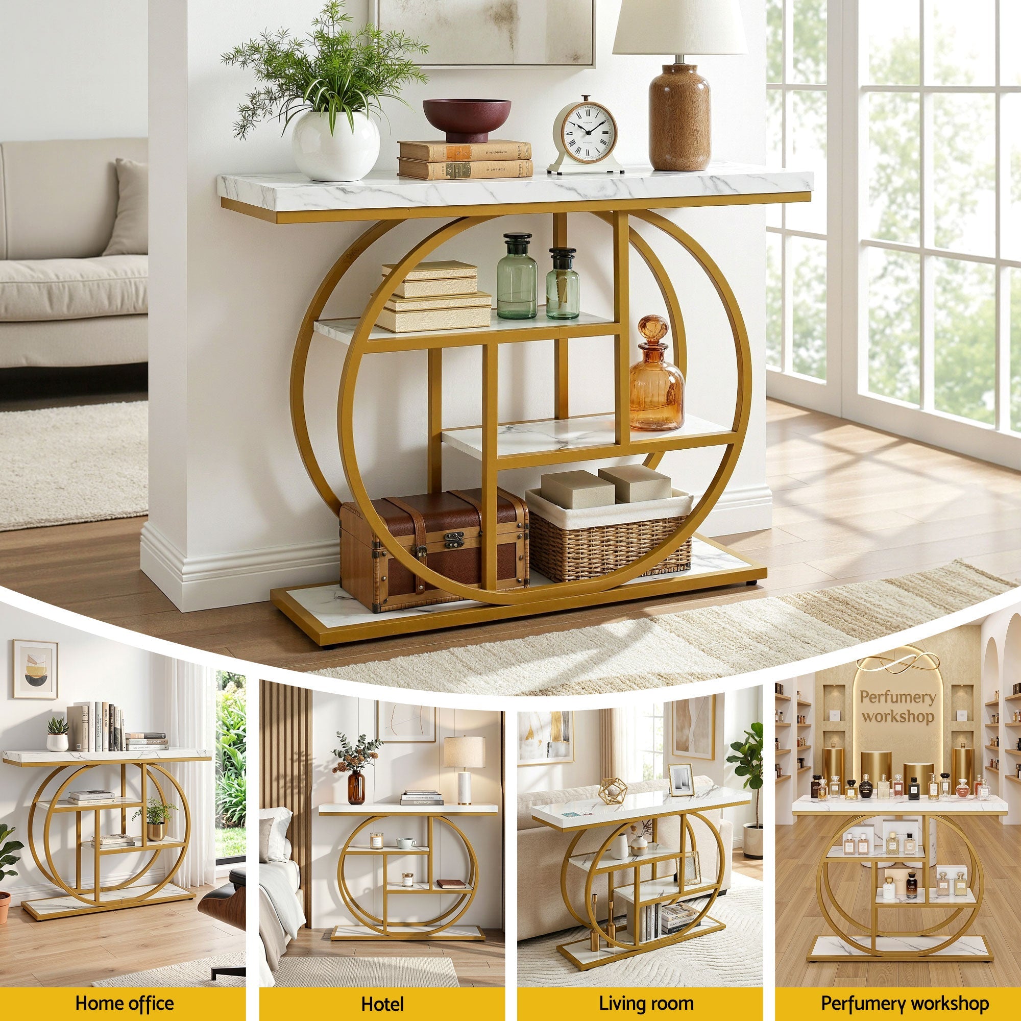 Console Table Marble Effect 4 - Tier Shelves 105CM White&Gold - Furniture > Living Room > Side Tables - Rivercity House & Home Co. (ABN 18 642 972 209) - Affordable Modern Furniture Australia