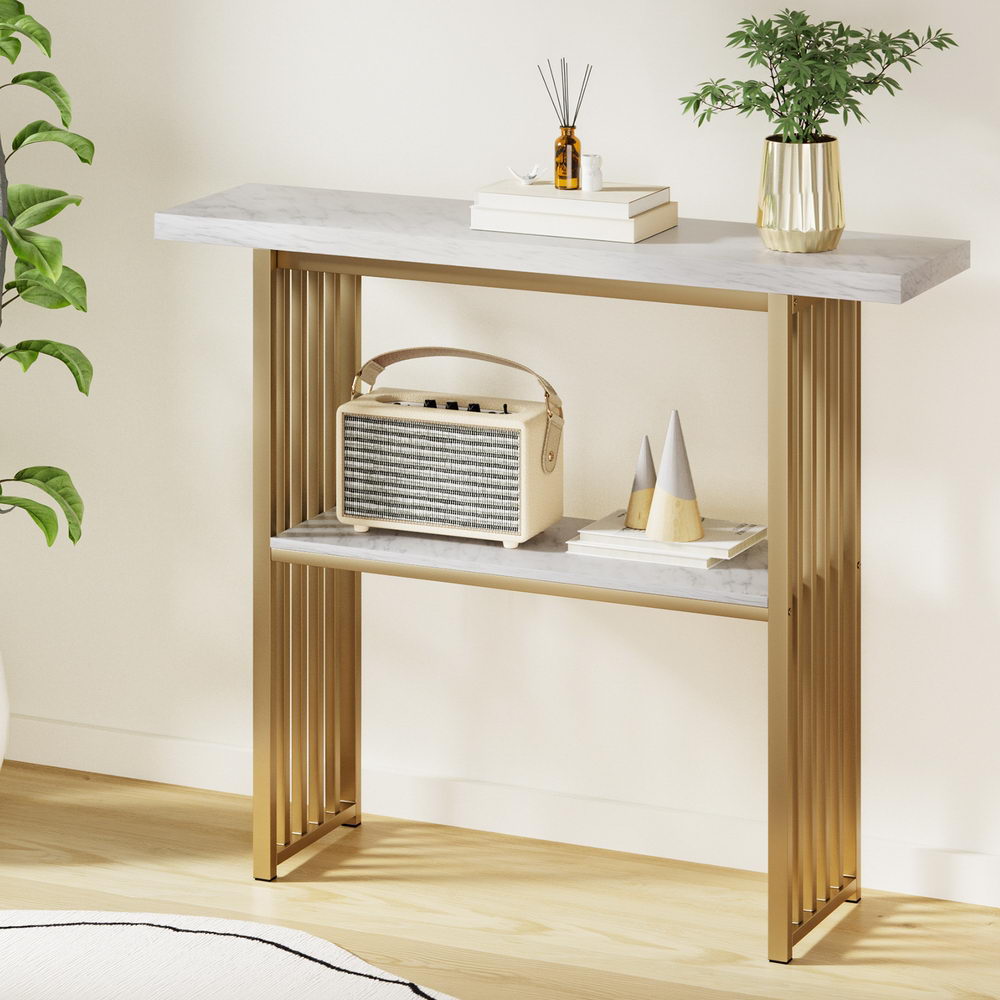 Console Table Marble Effect White&Gold - Furniture > Living Room > Side Tables - Rivercity House & Home Co. (ABN 18 642 972 209) - Affordable Modern Furniture Australia