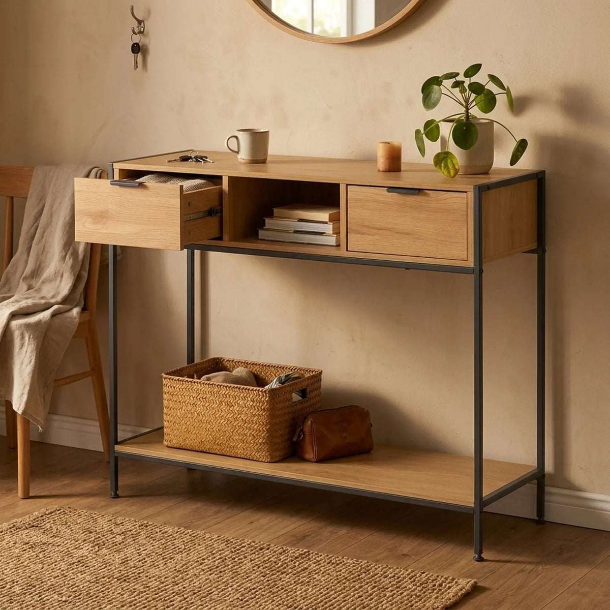 Console Table with 2 Drawers, Open Shelf Rustic Console Cabinet - Brown - Furniture > Dining > Buffets & Sideboards - Rivercity House & Home Co. (ABN 18 642 972 209) - Affordable Modern Furniture Australia