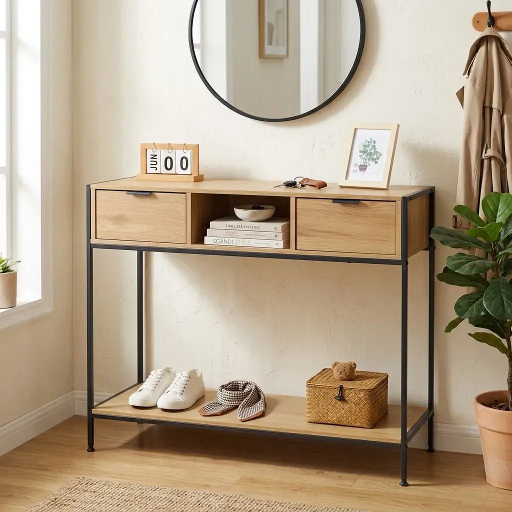 Console Table with 2 Drawers, Open Shelf Rustic Console Cabinet - Brown - Furniture > Dining > Buffets & Sideboards - Rivercity House & Home Co. (ABN 18 642 972 209) - Affordable Modern Furniture Australia