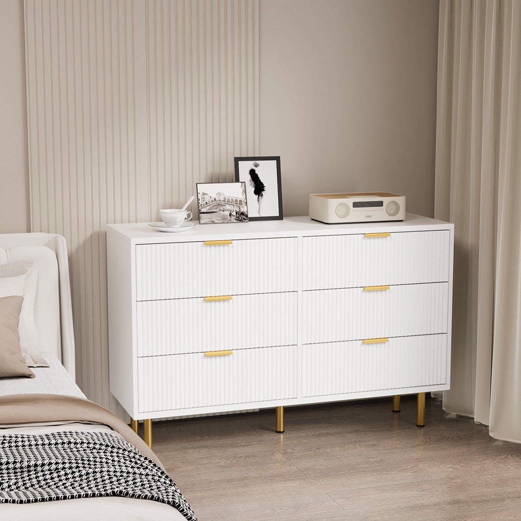 Contemporary 6 - Drawer Chest with Storage Cabinet - White & Gold - Rivercity House & Home Co. (ABN 18 642 972 209) - Affordable Modern Furniture Australia