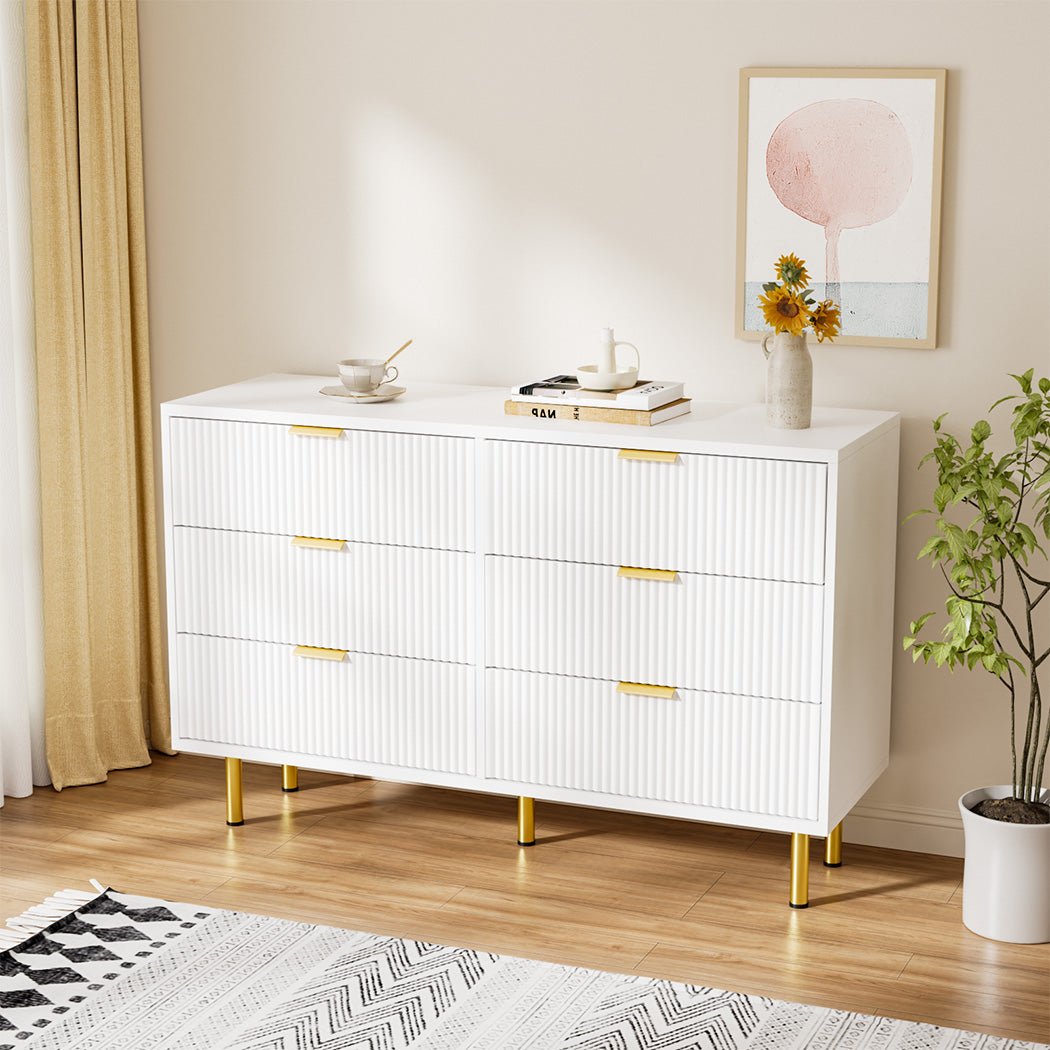 Contemporary 6 - Drawer Chest with Storage Cabinet - White & Gold - Rivercity House & Home Co. (ABN 18 642 972 209) - Affordable Modern Furniture Australia