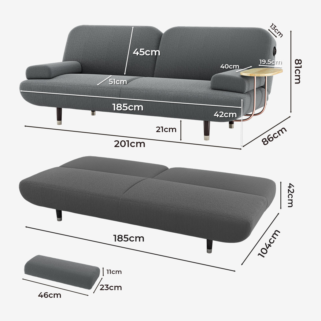 Convertible 3 - Seater Sofabed with USB Charging and Removable Side Table - Grey - Rivercity House & Home Co. (ABN 18 642 972 209) - Affordable Modern Furniture Australia