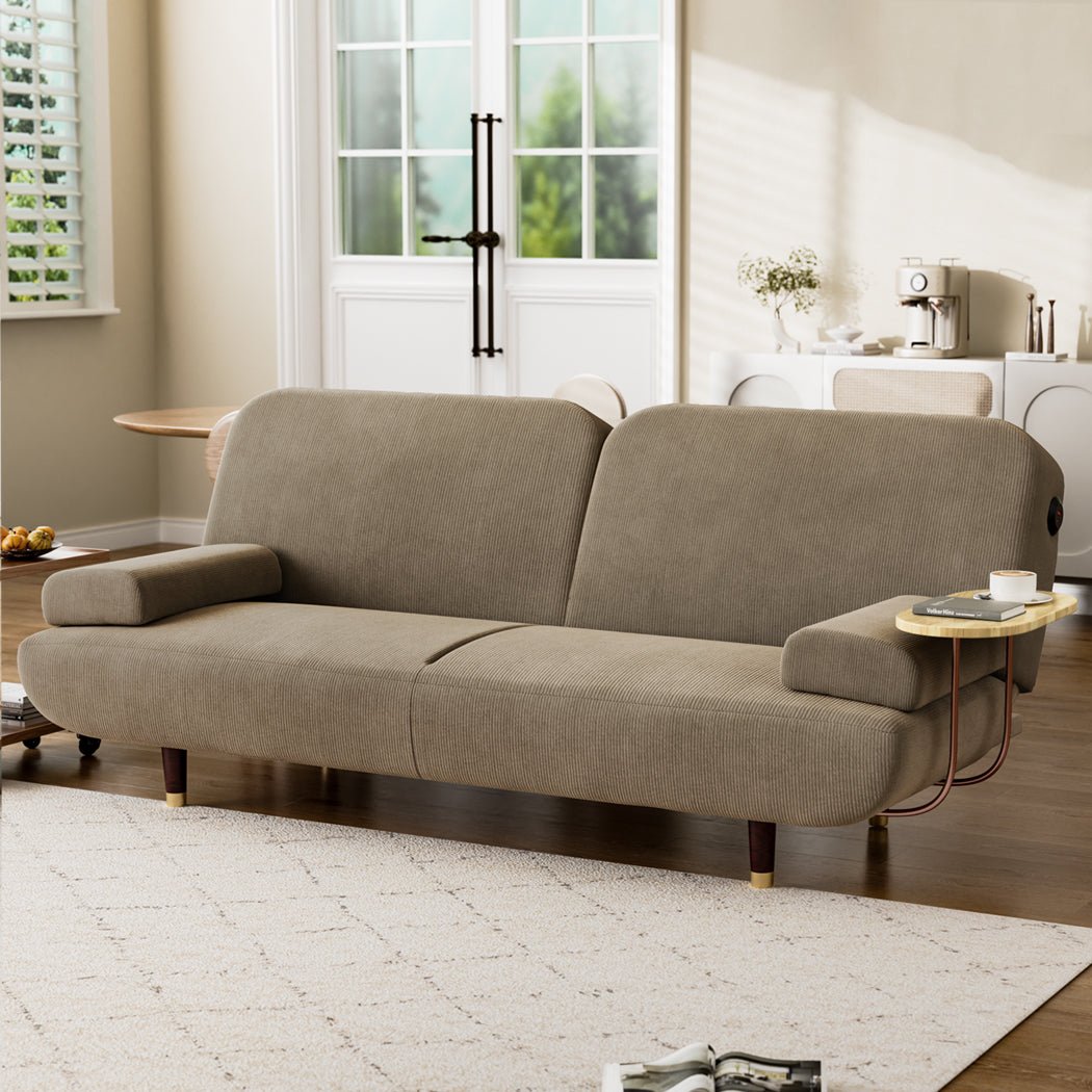 Convertible 3 - Seater Sofabed with USB Charging and Removable Side Table - Khaki - Rivercity House & Home Co. (ABN 18 642 972 209) - Affordable Modern Furniture Australia