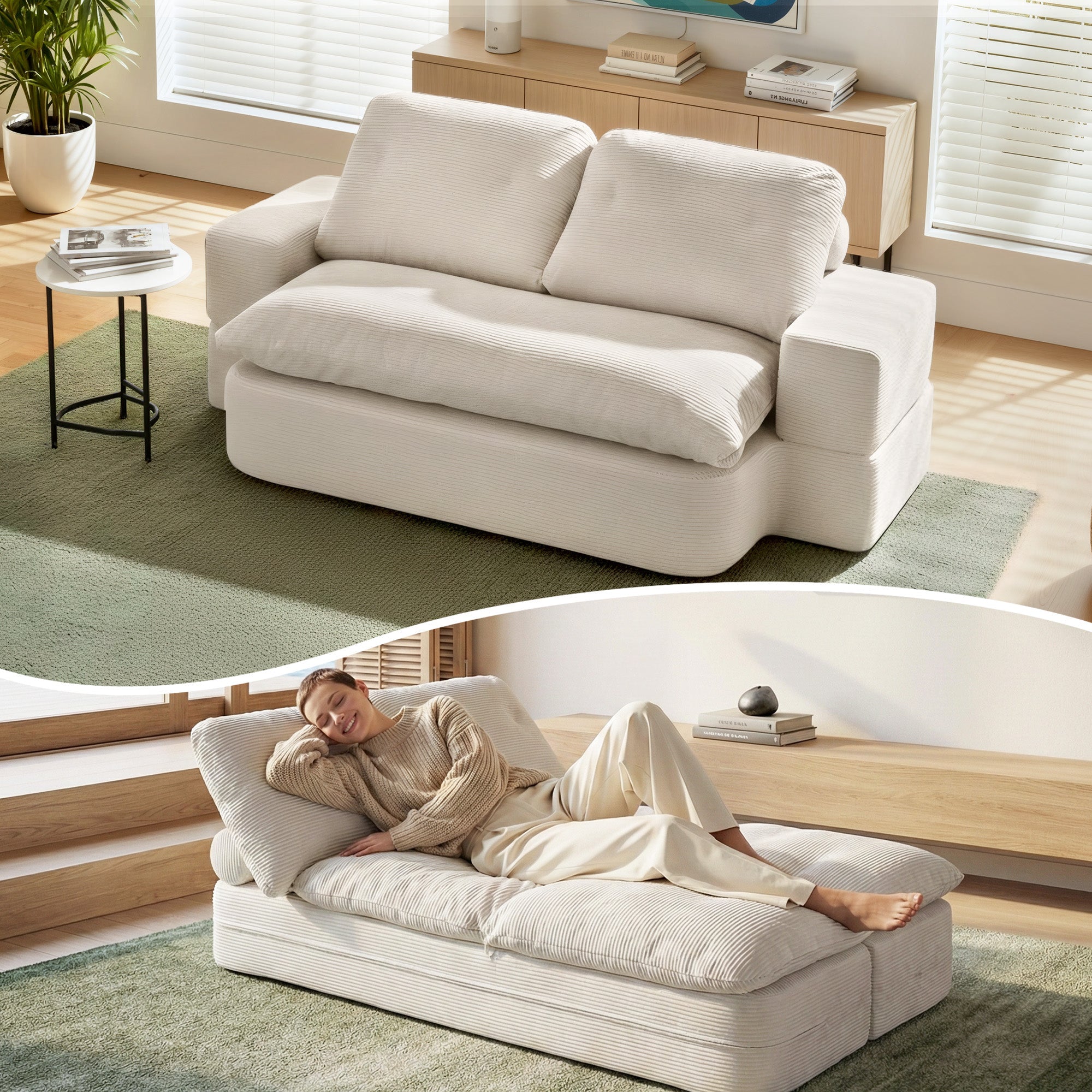 Convertible Folding Sofa Bed 30D High - Density Foam Boneless Couch with Corduroy Sleeper Couch Lounger for Living Room Beign - Furniture > Sofas > Sofas & Sofa Beds - Rivercity House & Home Co. (ABN 18 642 972 209) - Affordable Modern Furniture Australia