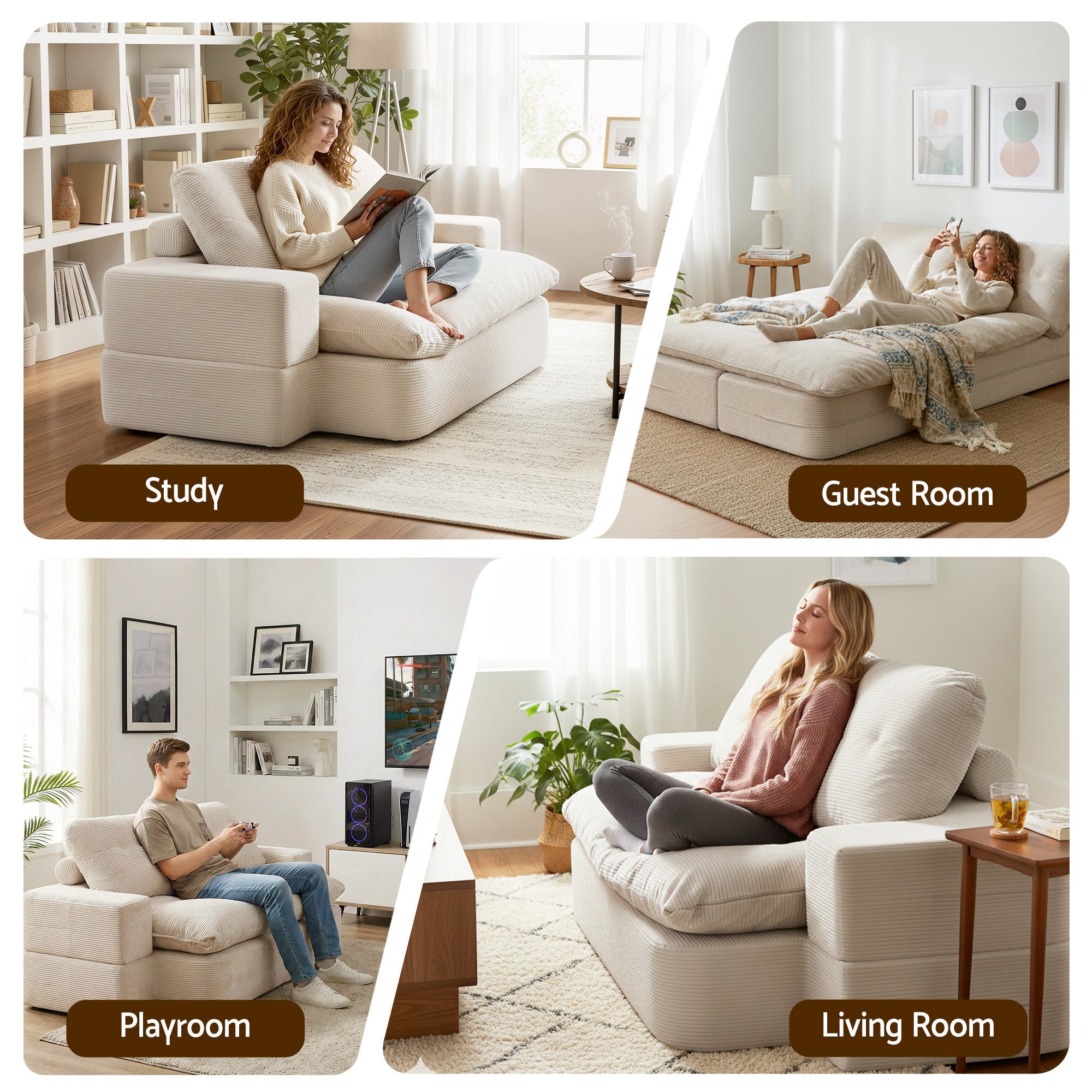 Convertible Folding Sofa Bed 30D High - Density Foam Boneless Couch with Corduroy Sleeper Couch Lounger for Living Room Beign - Furniture > Sofas > Sofas & Sofa Beds - Rivercity House & Home Co. (ABN 18 642 972 209) - Affordable Modern Furniture Australia