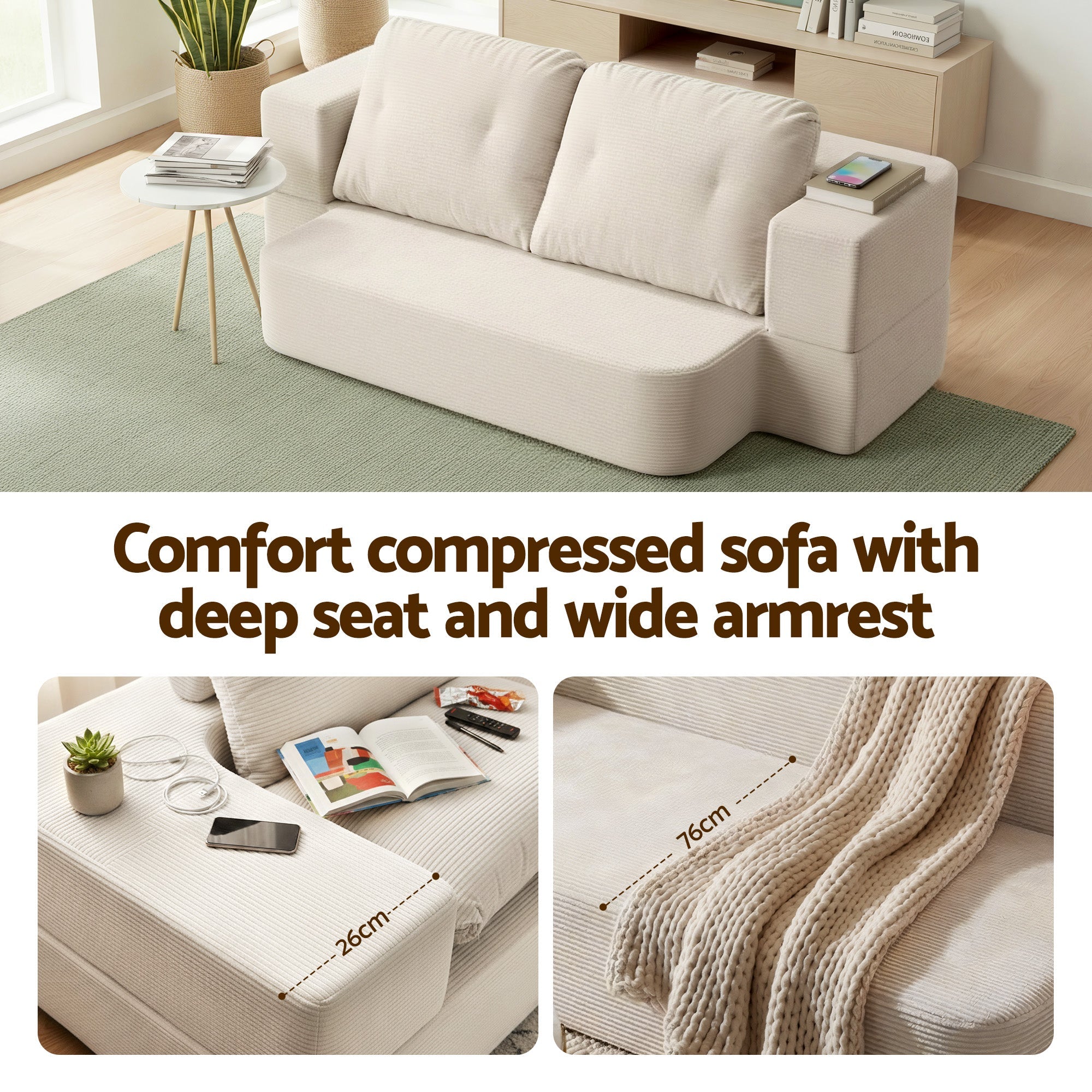 Convertible Folding Sofa Bed 30D High - Density Foam Boneless Couch with Corduroy Sleeper Couch Lounger for Living Room Beign - Furniture > Sofas > Sofas & Sofa Beds - Rivercity House & Home Co. (ABN 18 642 972 209) - Affordable Modern Furniture Australia