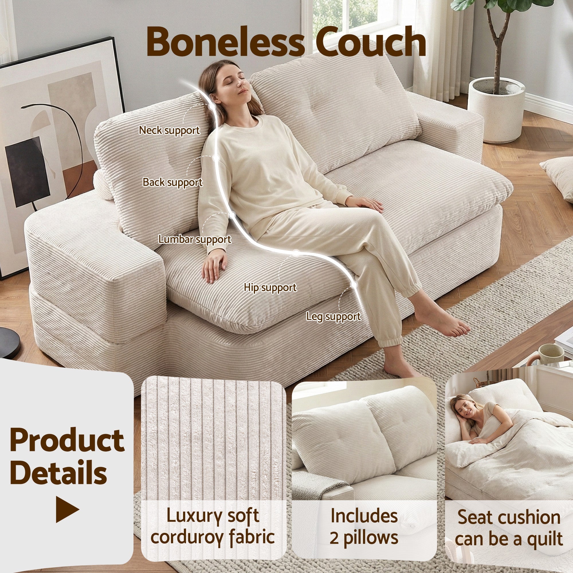 Convertible Folding Sofa Bed 30D High - Density Foam Boneless Couch with Corduroy Sleeper Couch Lounger for Living Room Beign - Furniture > Sofas > Sofas & Sofa Beds - Rivercity House & Home Co. (ABN 18 642 972 209) - Affordable Modern Furniture Australia