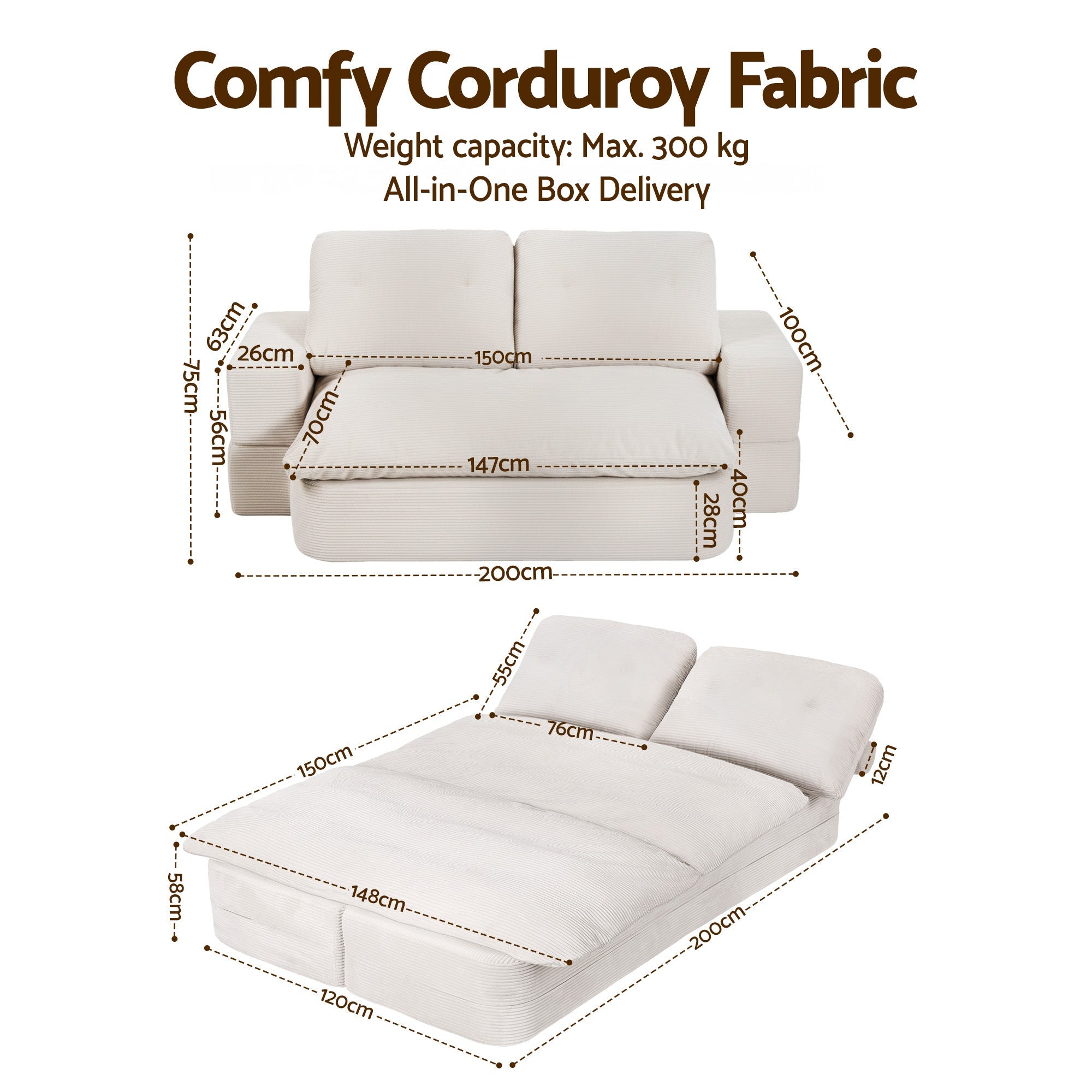 Convertible Folding Sofa Bed 30D High - Density Foam Boneless Couch with Corduroy Sleeper Couch Lounger for Living Room Beign - Furniture > Sofas > Sofas & Sofa Beds - Rivercity House & Home Co. (ABN 18 642 972 209) - Affordable Modern Furniture Australia