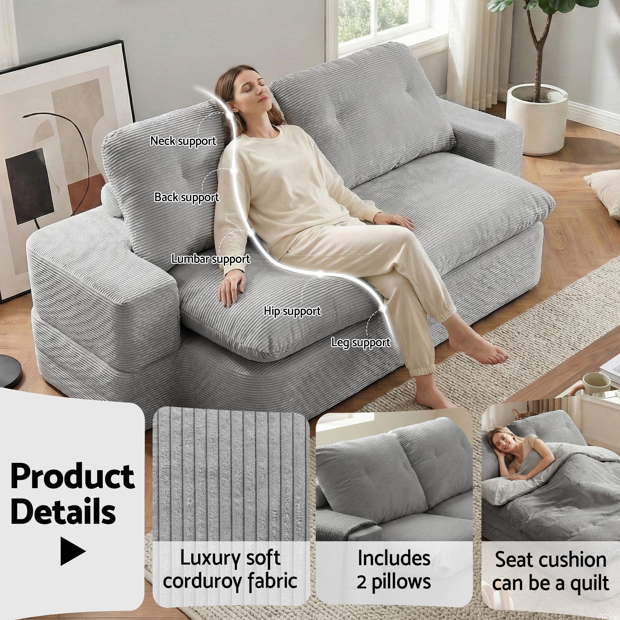 Convertible Folding Sofa Bed 30D High - Density Foam Boneless Couch with Corduroy Sleeper Couch Lounger for Living Room Grey - Furniture > Sofas > Sofas & Sofa Beds - Rivercity House & Home Co. (ABN 18 642 972 209) - Affordable Modern Furniture Australia