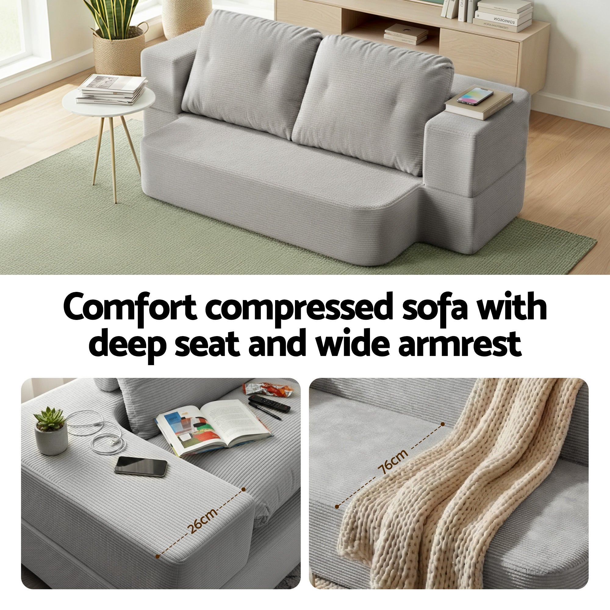 Convertible Folding Sofa Bed 30D High - Density Foam Boneless Couch with Corduroy Sleeper Couch Lounger for Living Room Grey - Furniture > Sofas > Sofas & Sofa Beds - Rivercity House & Home Co. (ABN 18 642 972 209) - Affordable Modern Furniture Australia