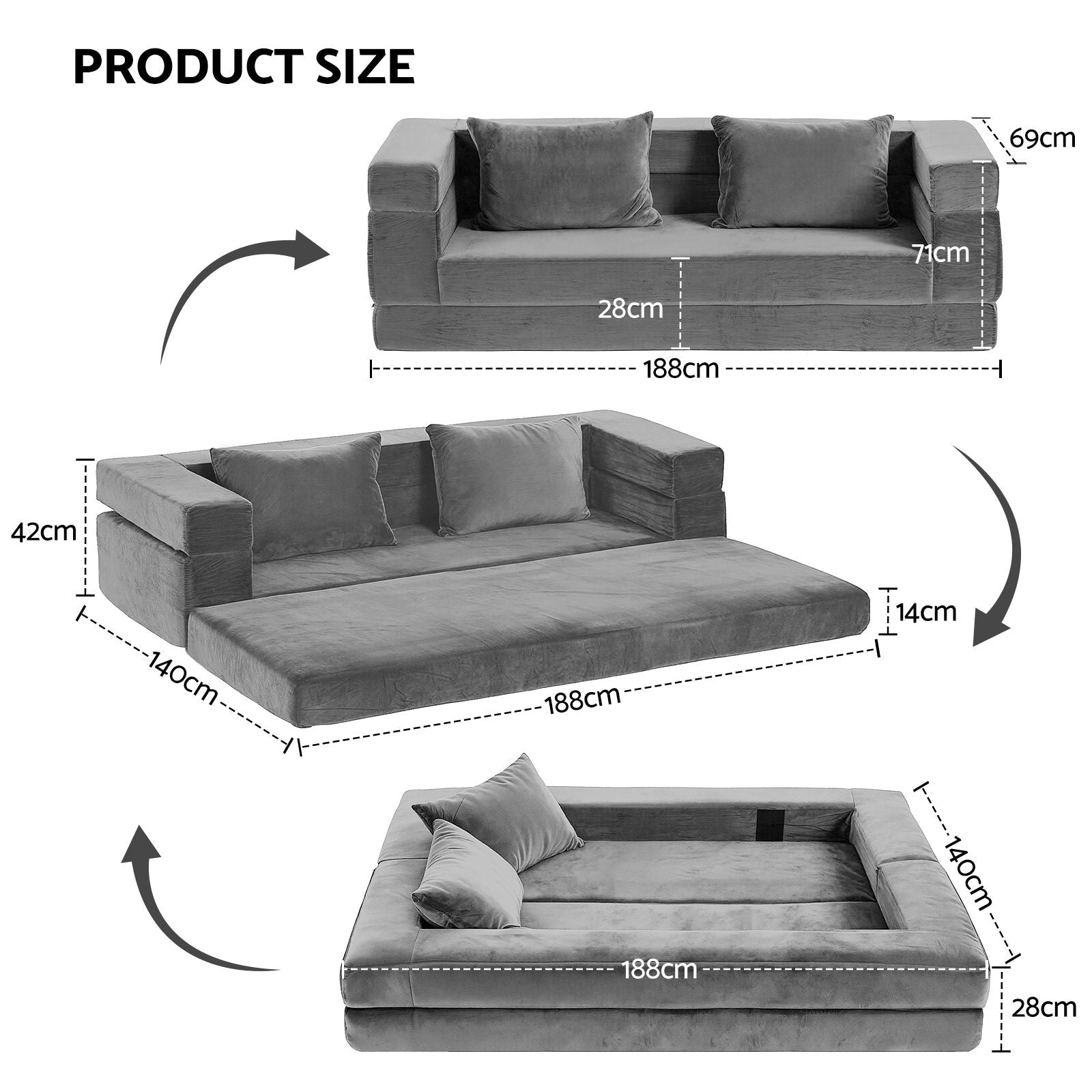 Convertible Folding Sofa Bed Pull Out Mattress Foldable Lounge Couch Grey - Furniture > Sofas > Sofas & Sofa Beds - Rivercity House & Home Co. (ABN 18 642 972 209) - Affordable Modern Furniture Australia