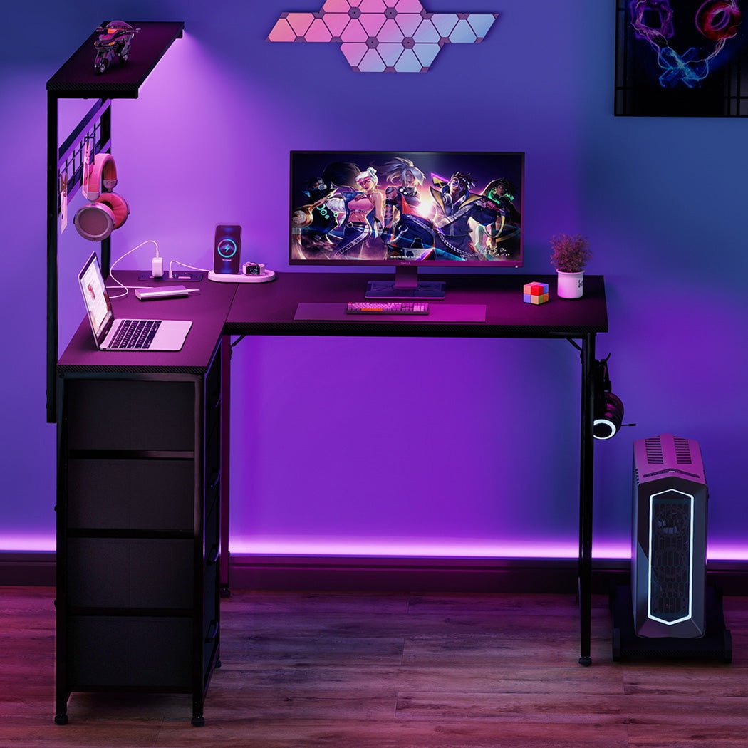 Convertible L - Shaped Computer Desk with LED and Charging Ports - Black - Rivercity House & Home Co. (ABN 18 642 972 209) - Affordable Modern Furniture Australia
